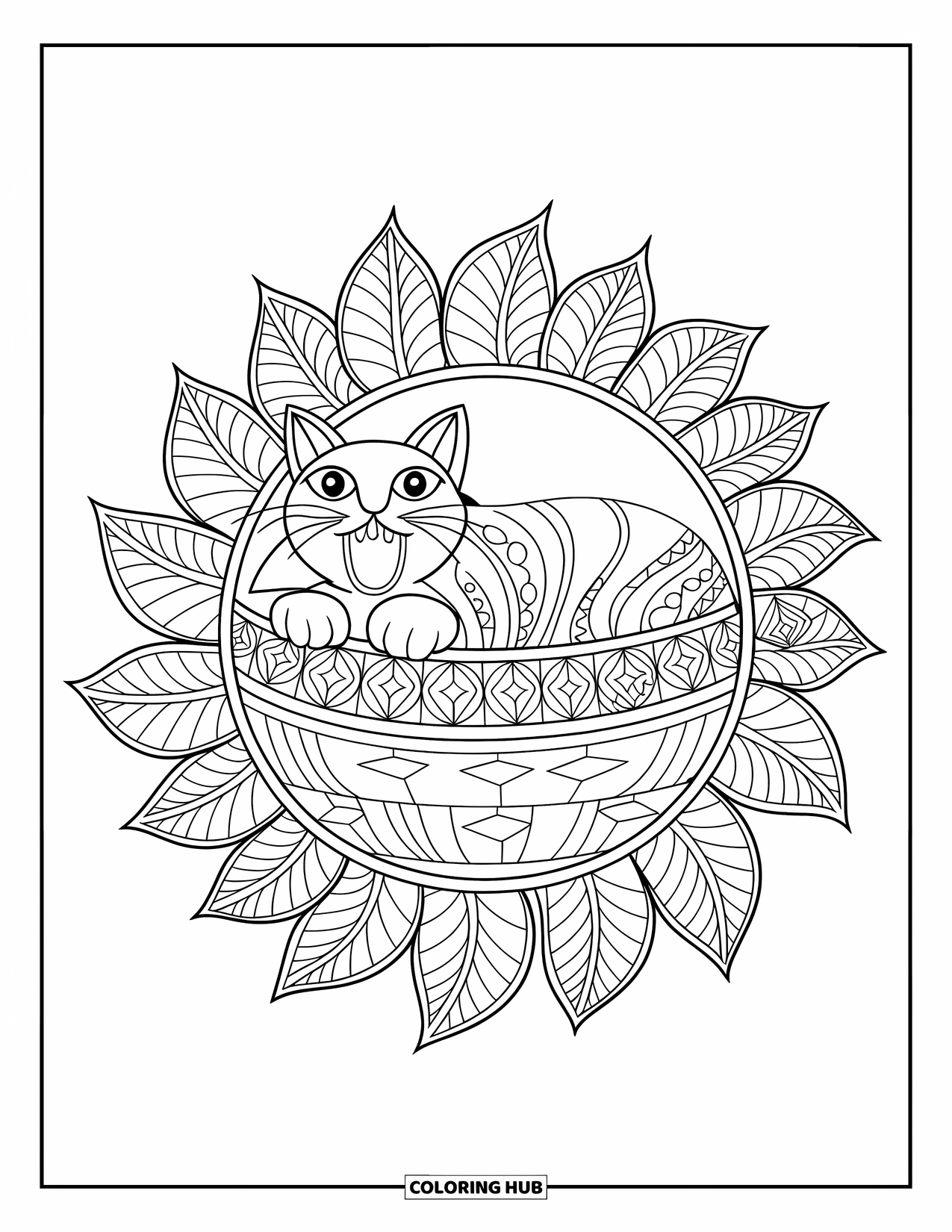 Cat Mandala Coloring Page for Kids: Cozy cat in basket with detailed mandala leaves