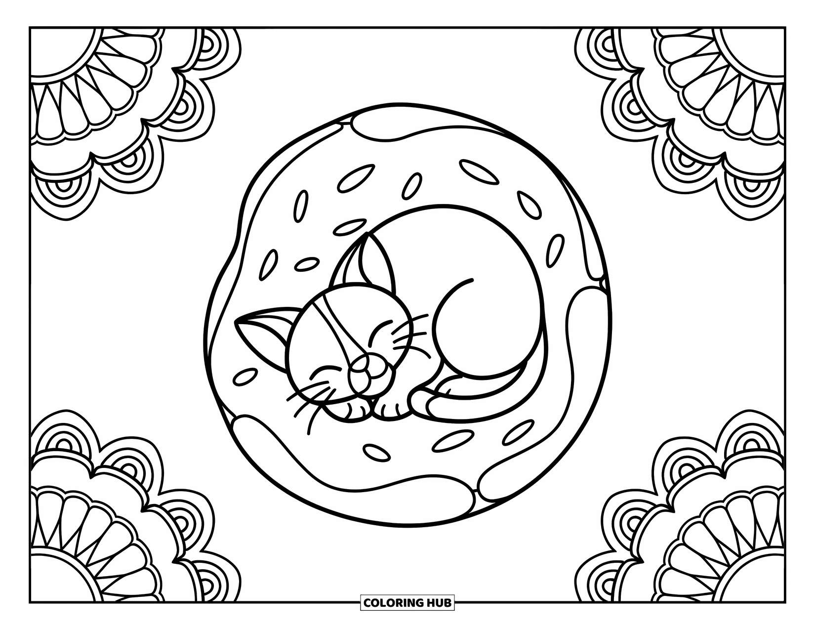 Cat Mandala Coloring Page for Kids: Cuddly kitten in donut pose inside easy mandala outlines