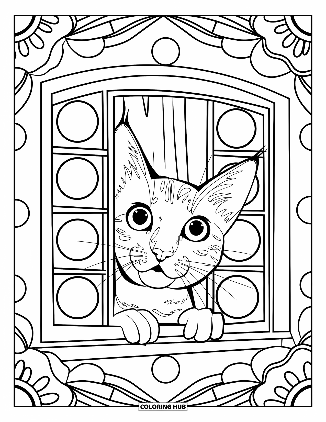 Cat Mandala Coloring Page for Kids: Curious cat looking out of a patterned window with floral mandala frame
