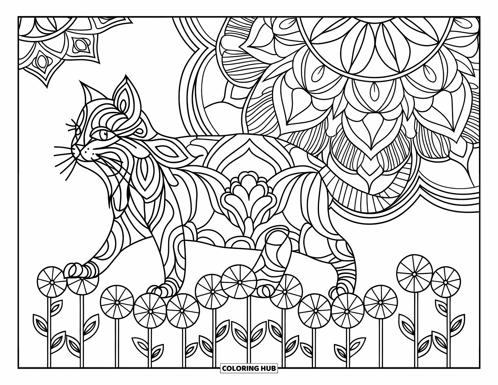 Cat Mandala Coloring Page for Kids: Floral mandala scene with a walking cat