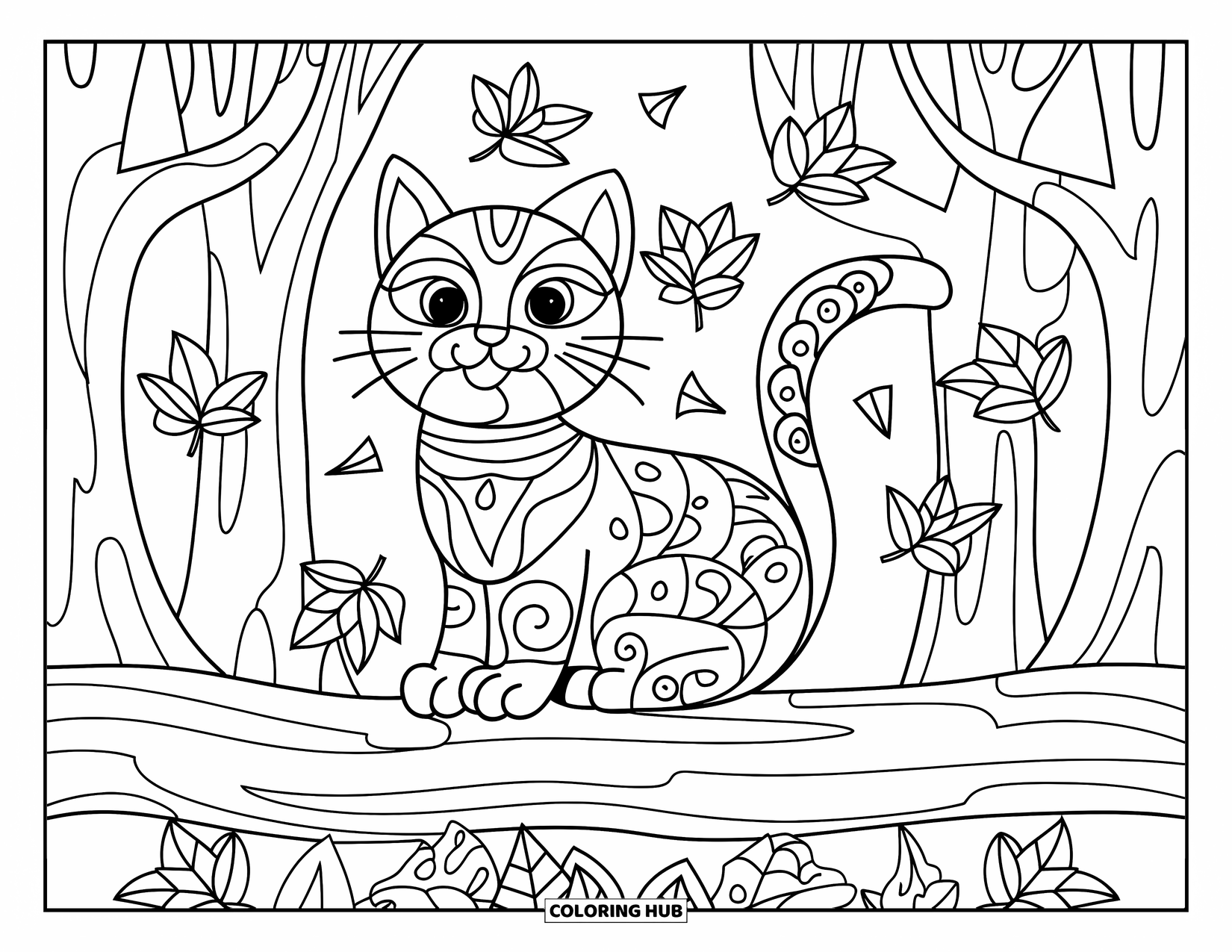 Cat Mandala Coloring Page for Kids: Forest cat on a log with swirling leaves