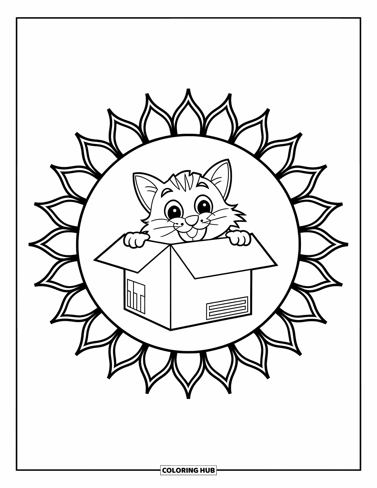 Cat Mandala Coloring Page for Kids: Happy cat in a box with mandala sunburst