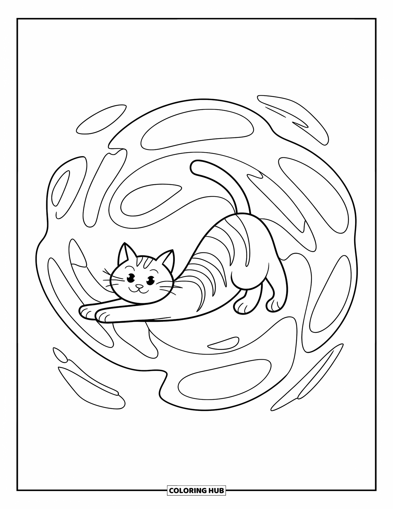 Cat Mandala Coloring Page for Kids: Happy stretching cat within bubbly swirls and circles