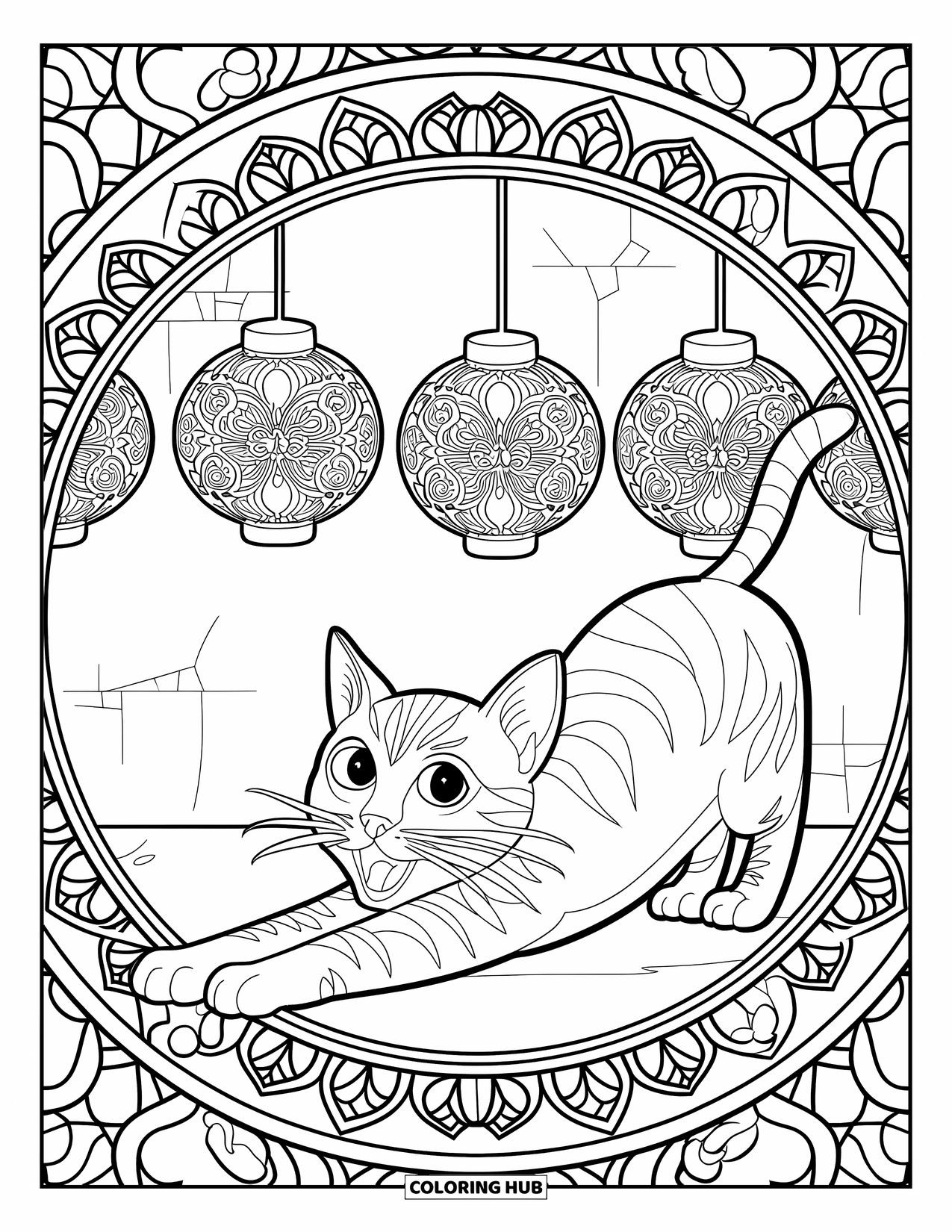 Cat Mandala Coloring Page for Kids: Lively cat stretch with patterned lantern mandala