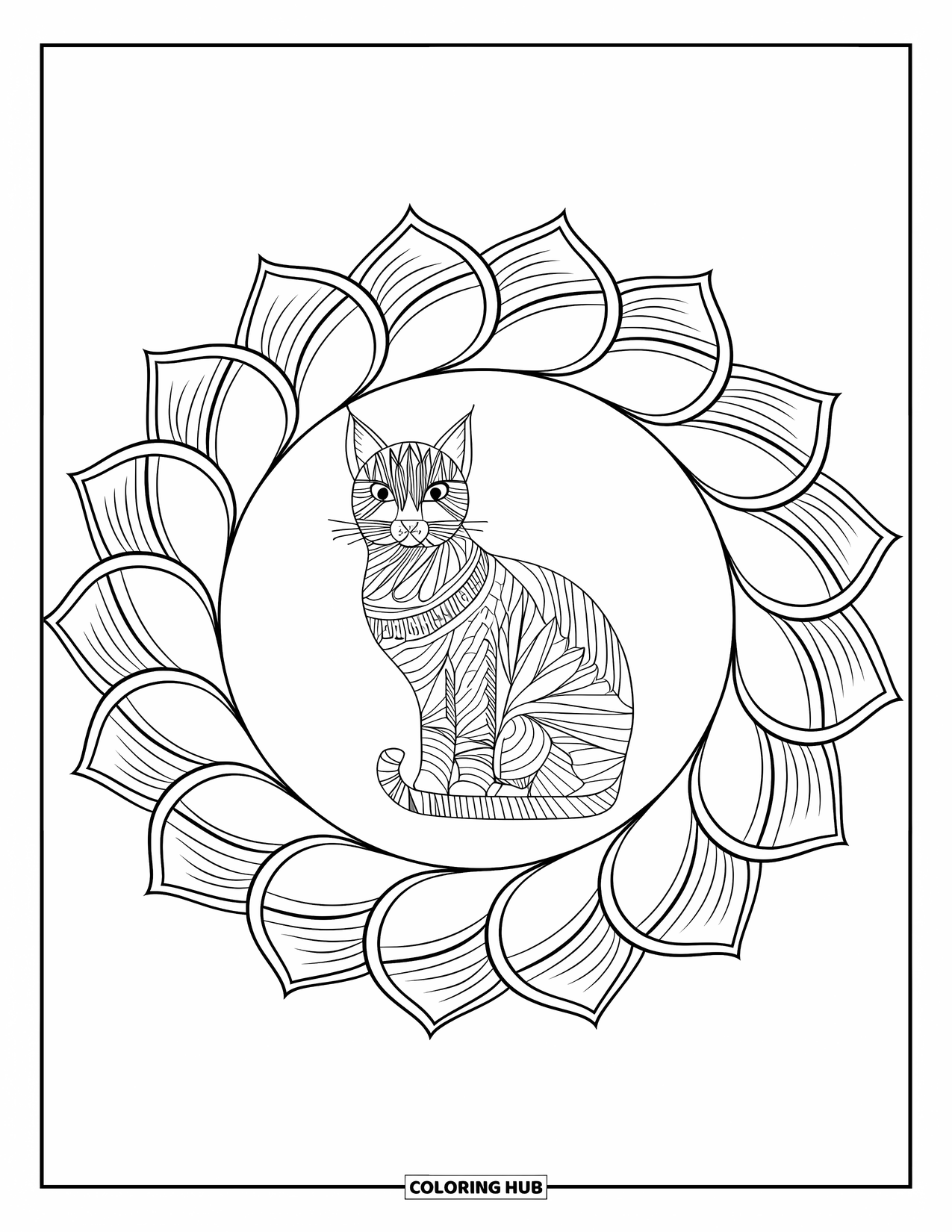 Cat Mandala Coloring Page for Kids: Mandala spiral surrounds a calm, furry cat