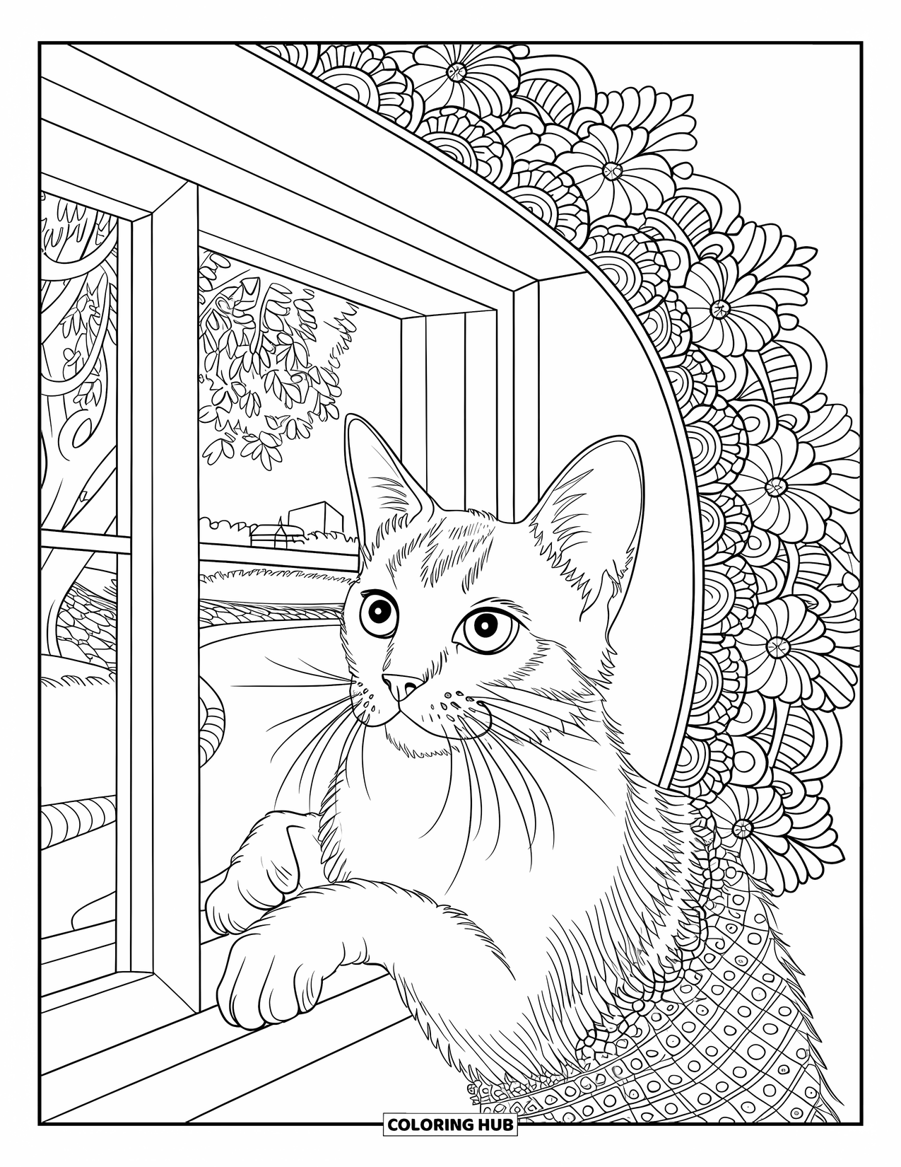Cat Mandala Coloring Page for Kids: Paw-perched cat at a window surrounded by floral mandalas