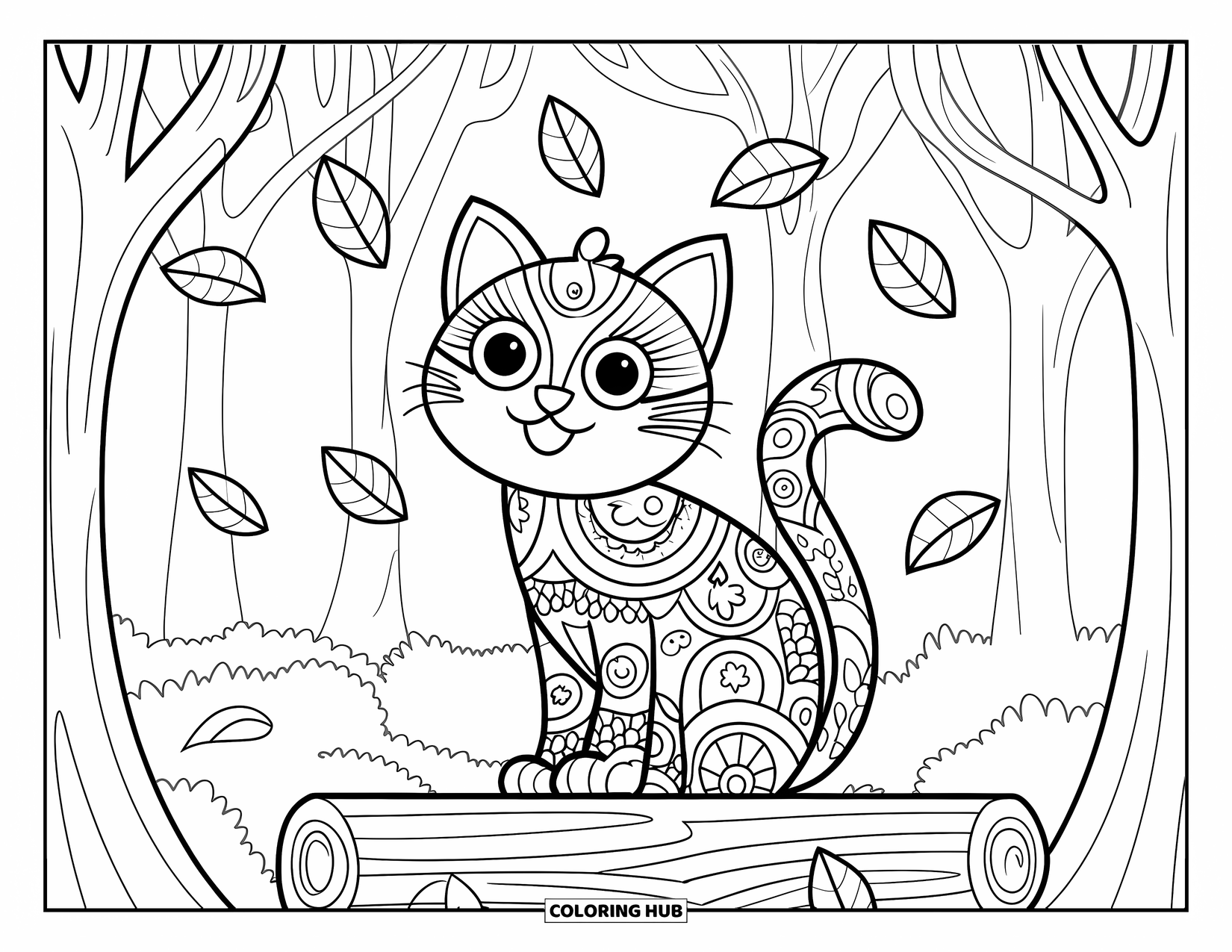 Cat Mandala Coloring Page for Kids: Peaceful cat among forest leaves and trees