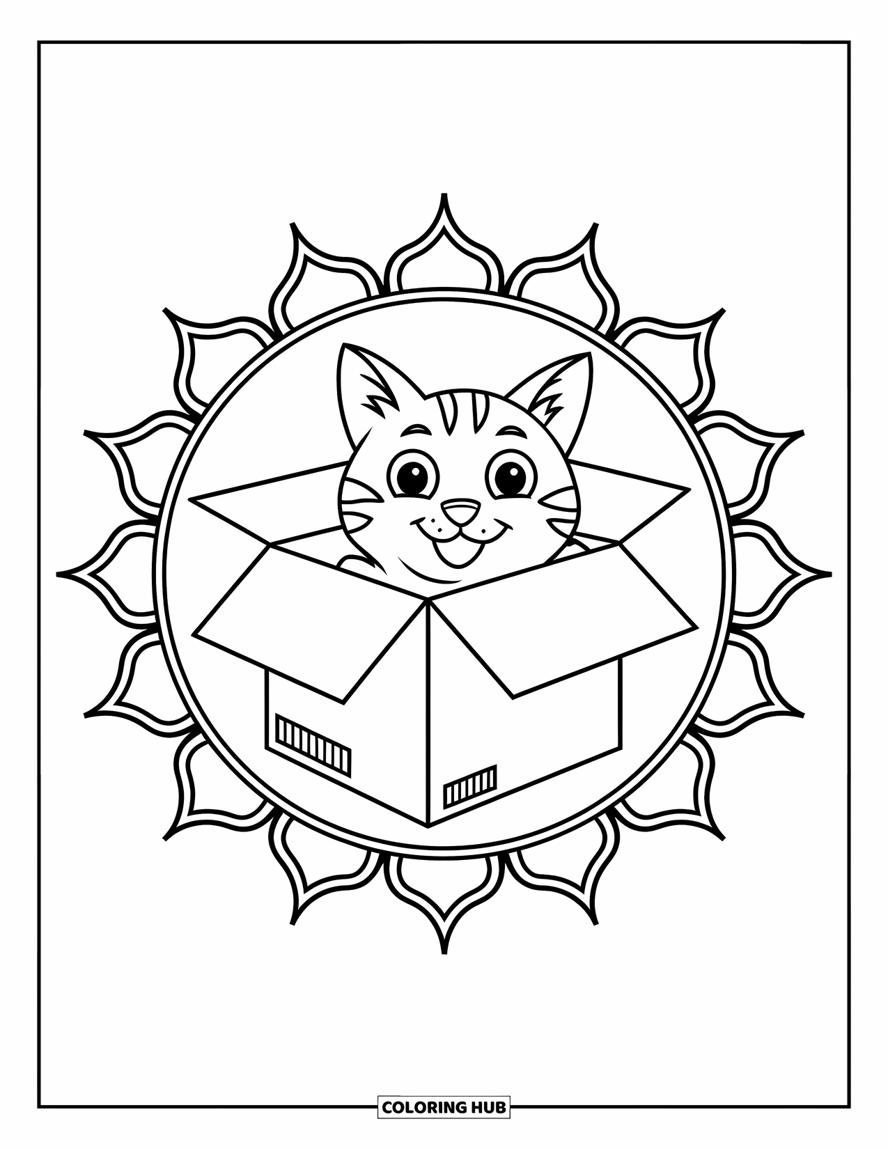 Cat Mandala Coloring Page for Kids: Playful cat in box with bold mandala sun frame
