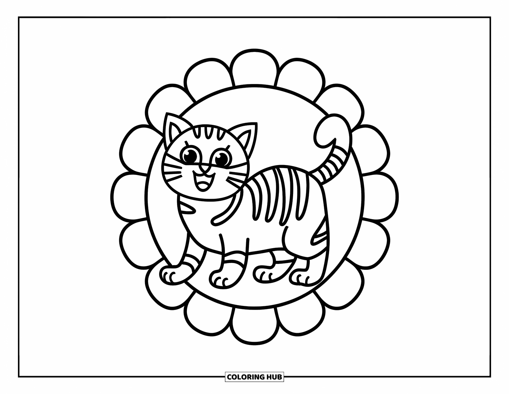 Cat Mandala Coloring Page for Kids: Playful cat tail-wagging in a cheerful flower mandala