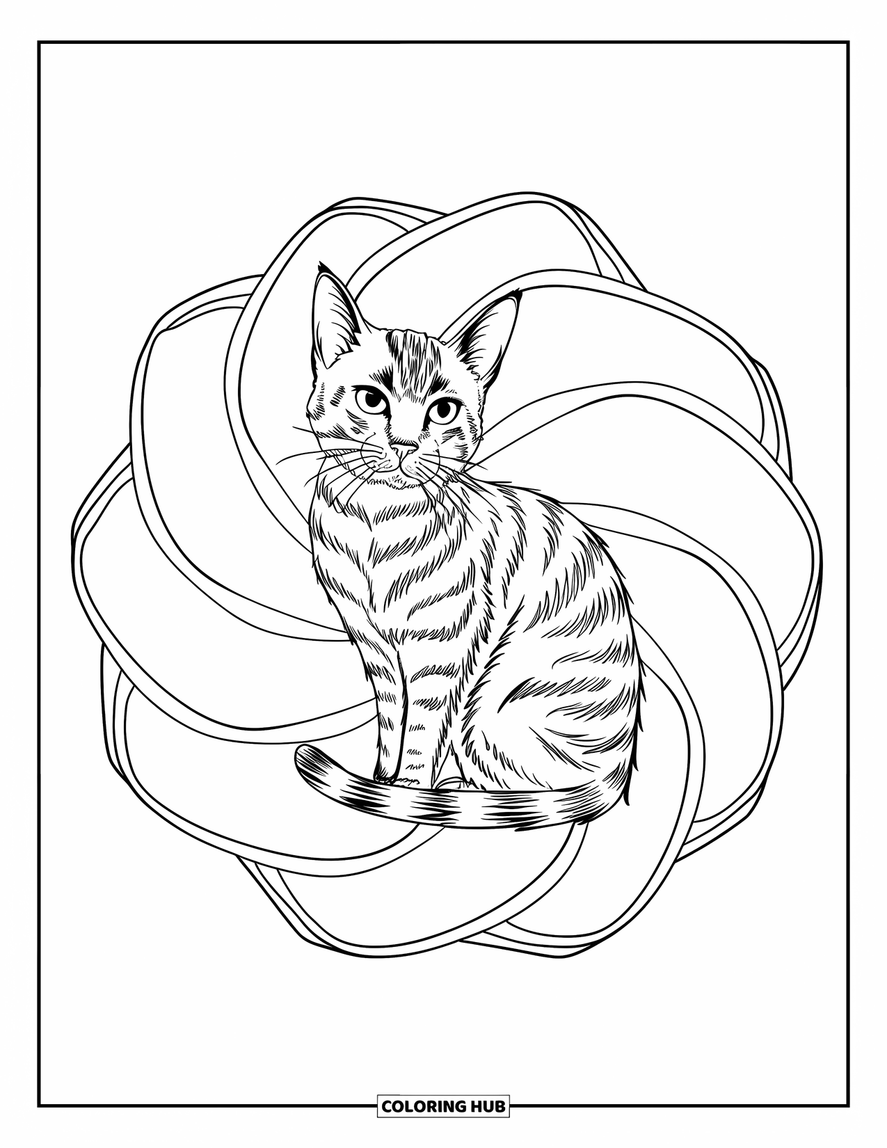 Cat Mandala Coloring Page for Kids: Sitting cat with spiral petal mandala behind