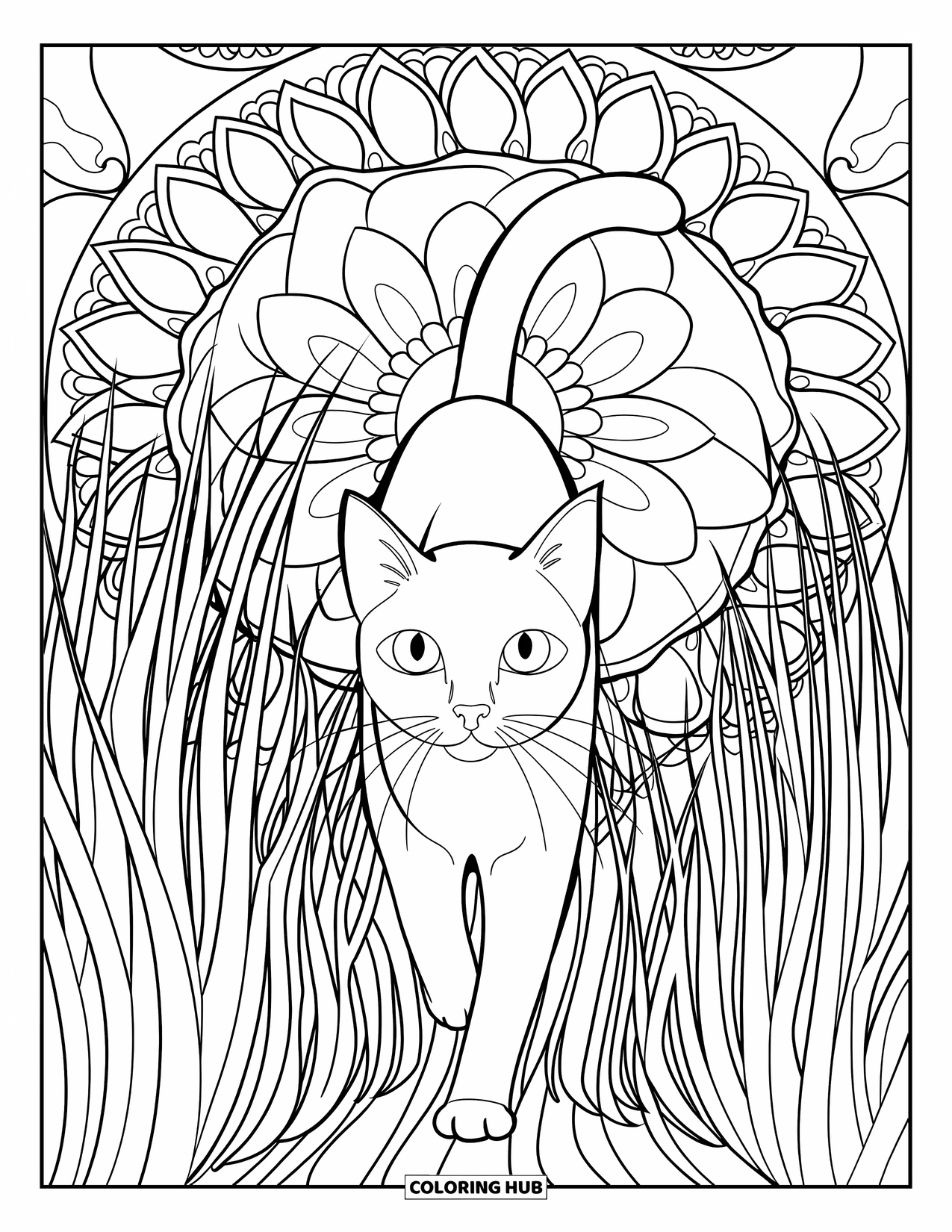 Cat Mandala Coloring Page for Kids: Sleek cat among grass and layered flower mandalas