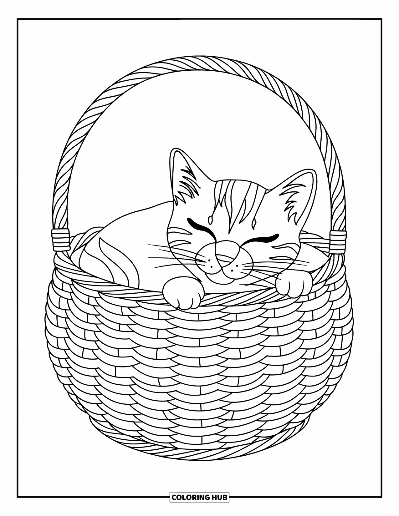 Cat Mandala Coloring Page for Kids: Sleepy cat curled up in a woven basket