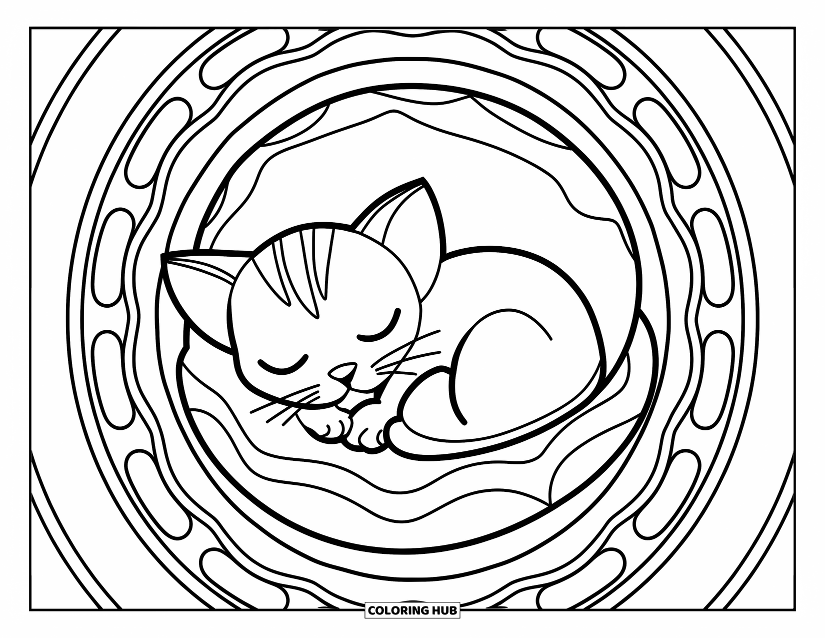 Cat Mandala Coloring Page for Kids: Sleepy kitten curled up in a donut pose with mandala borders