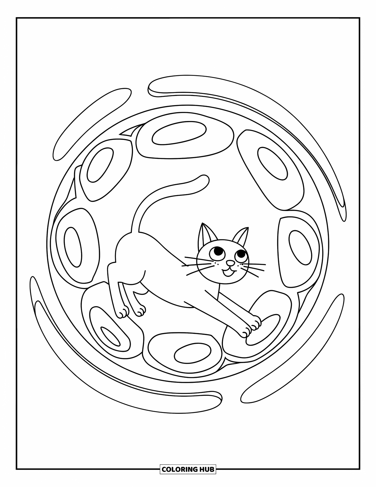 Cat Mandala Coloring Page for Kids: Stretching cat inside a swirl-shaped bubble mandala
