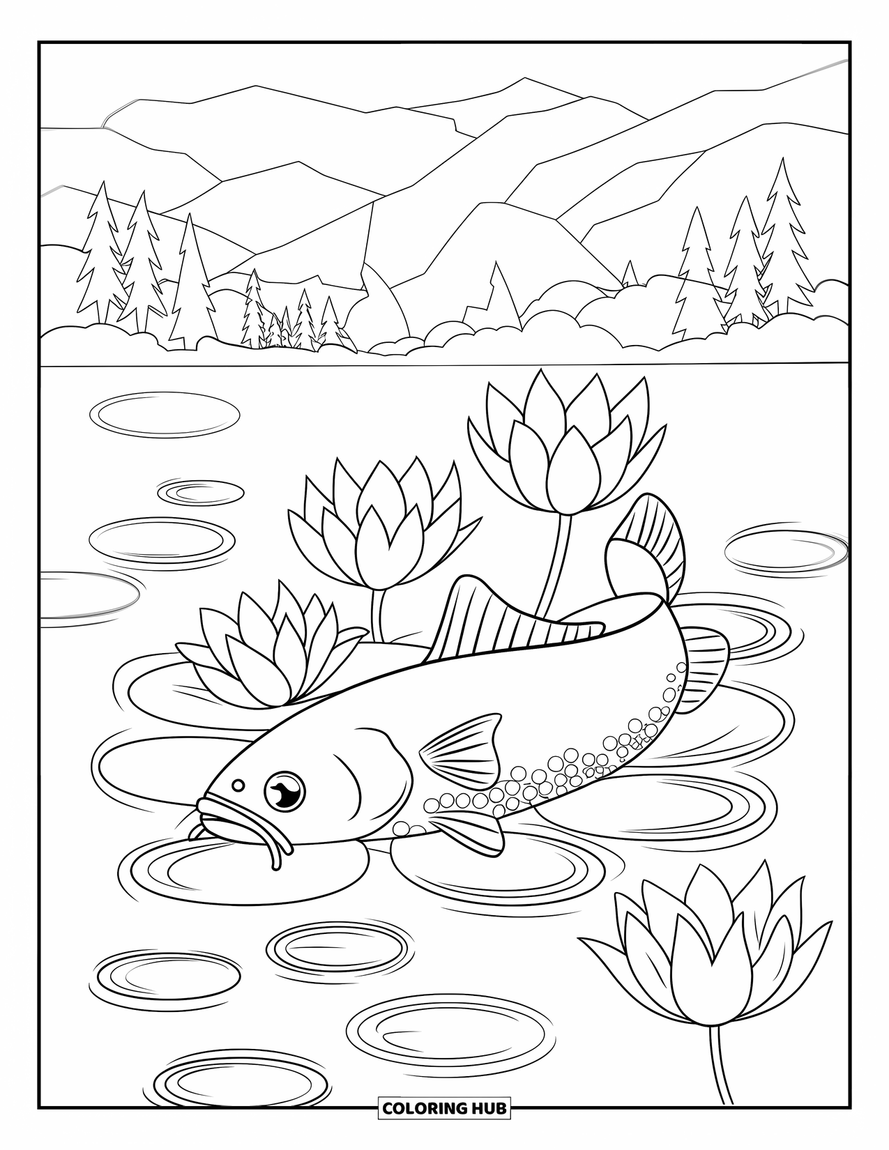Catfish Coloring Page for Adults: A calm catfish lies in lotus petals near a peaceful mountain scene