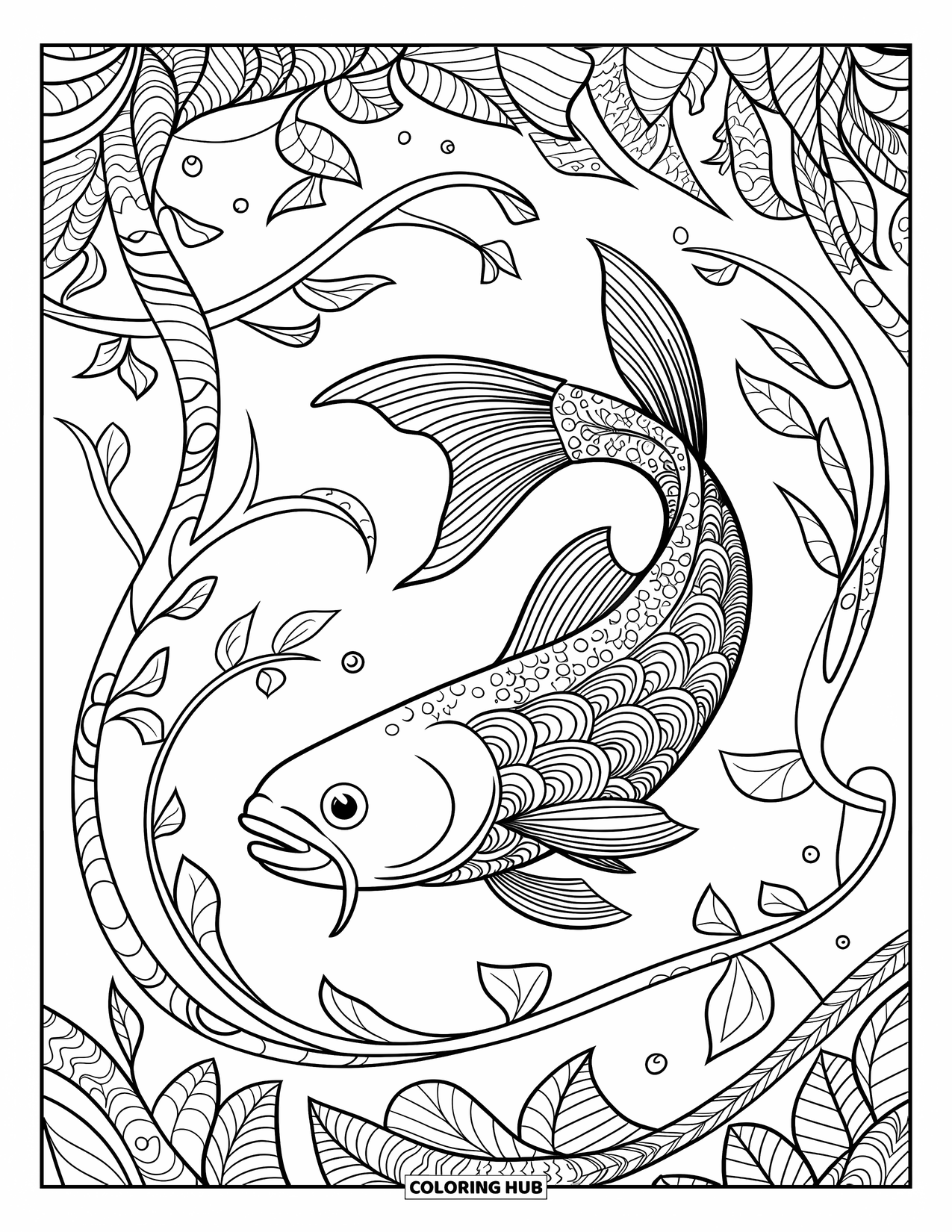 Catfish Coloring Page for Adults: A catfish flows through dense aquatic vines in a full-page mandala scene
