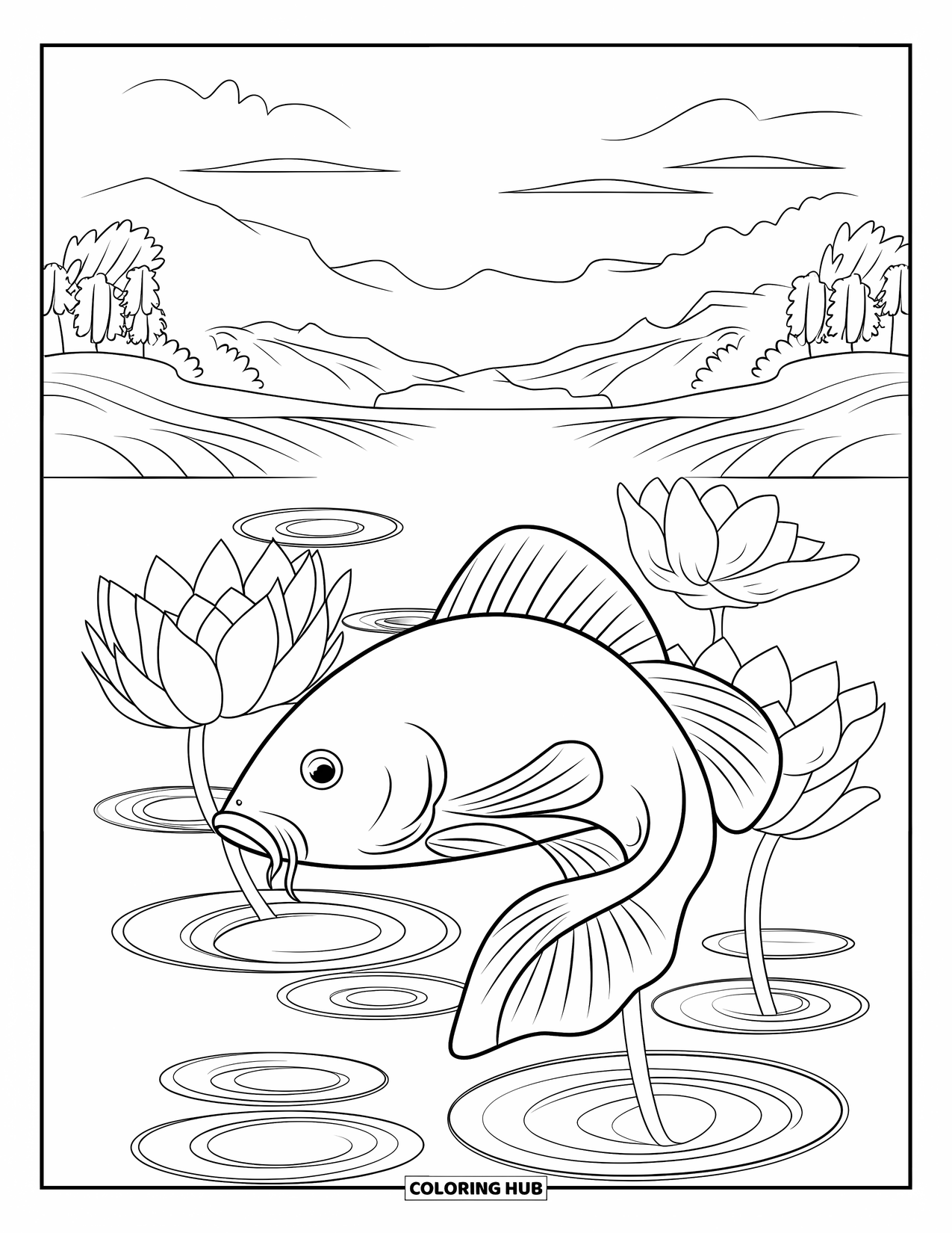Catfish Coloring Page for Adults: A catfish is nestled in lotus petals and pond ripples under a quiet sky