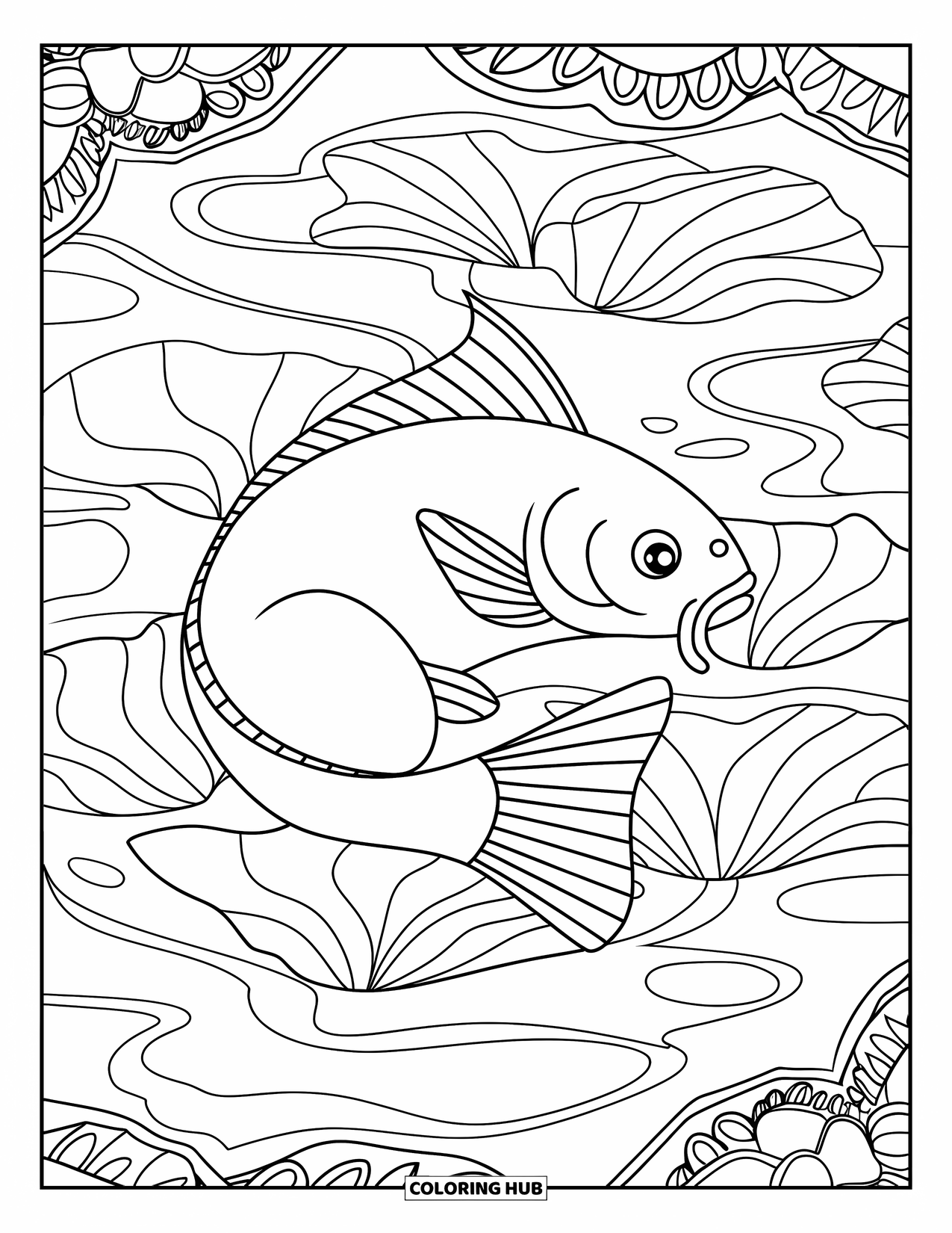 Catfish Coloring Page for Adults: A catfish rests among flowing lotus petals and soft pond ripples
