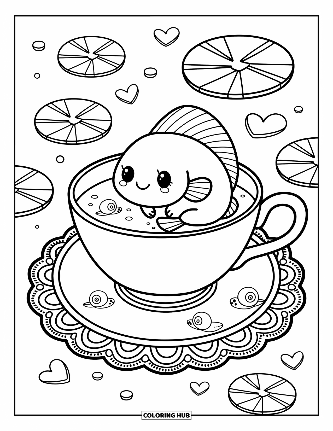 Catfish Coloring Page for Adults: A catfish rests in a big teacup with lily pads and cozy pond details