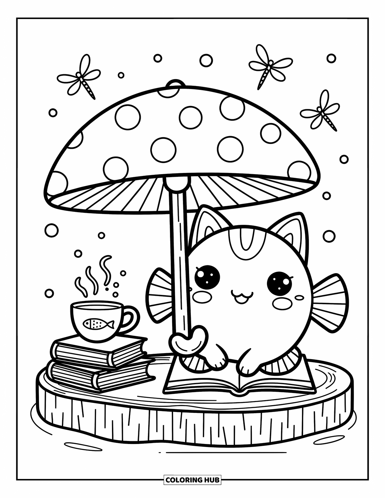 Catfish Coloring Page for Adults: A catfish rests on a log with storybooks, tea, and dragonflies above