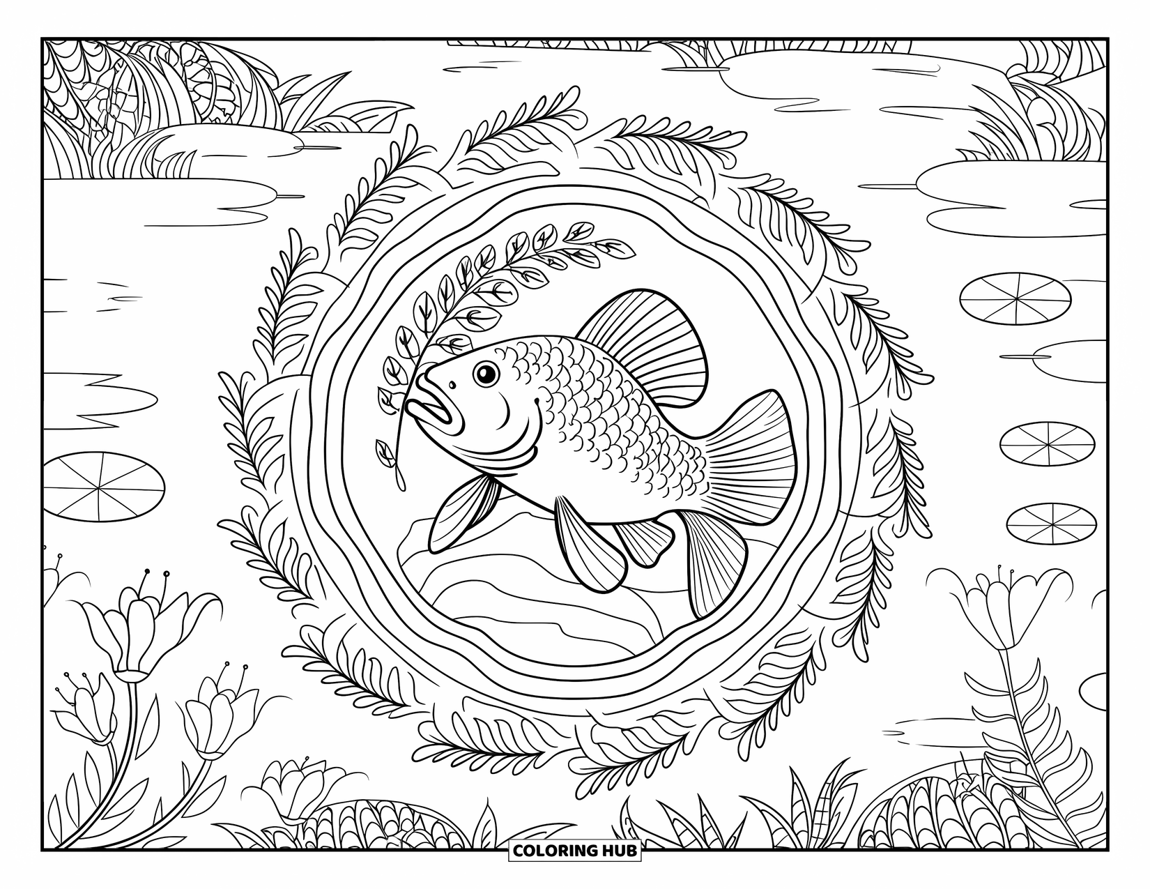 Catfish Coloring Page for Adults: A catfish sits on a rock framed by ferns, flowers, and lily pads