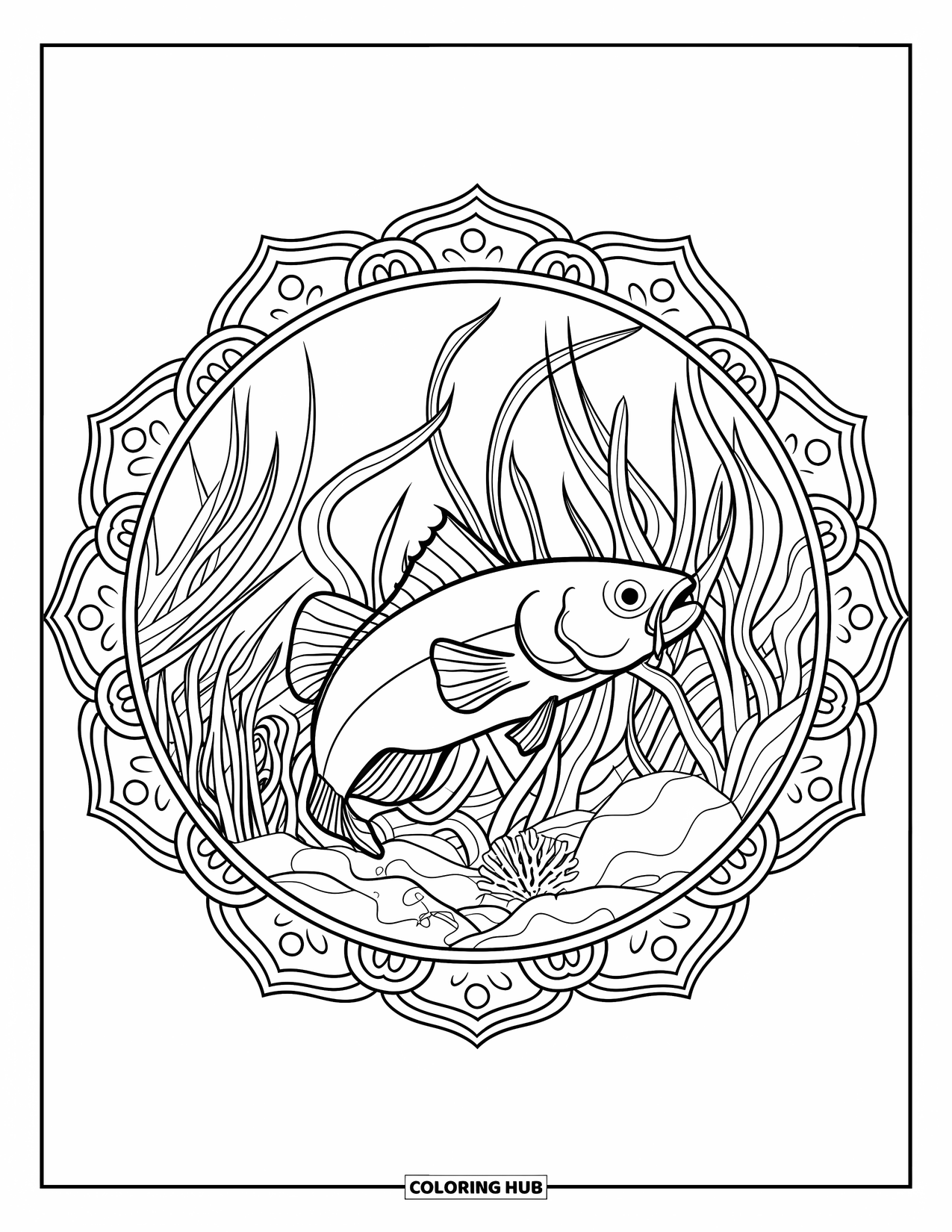 Catfish Coloring Page for Adults: A catfish swims through a mandala of swirling vines and underwater rocks