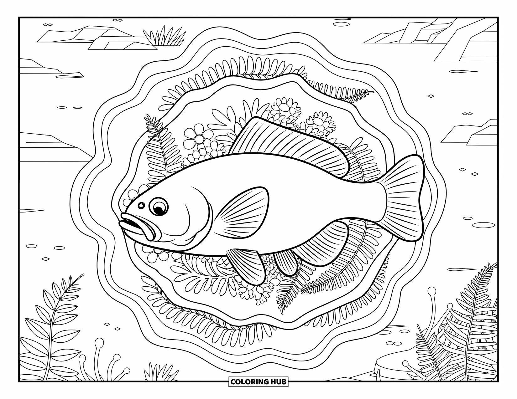 Catfish Coloring Page for Adults: A focused catfish rests among fern and flower frames by calm waters