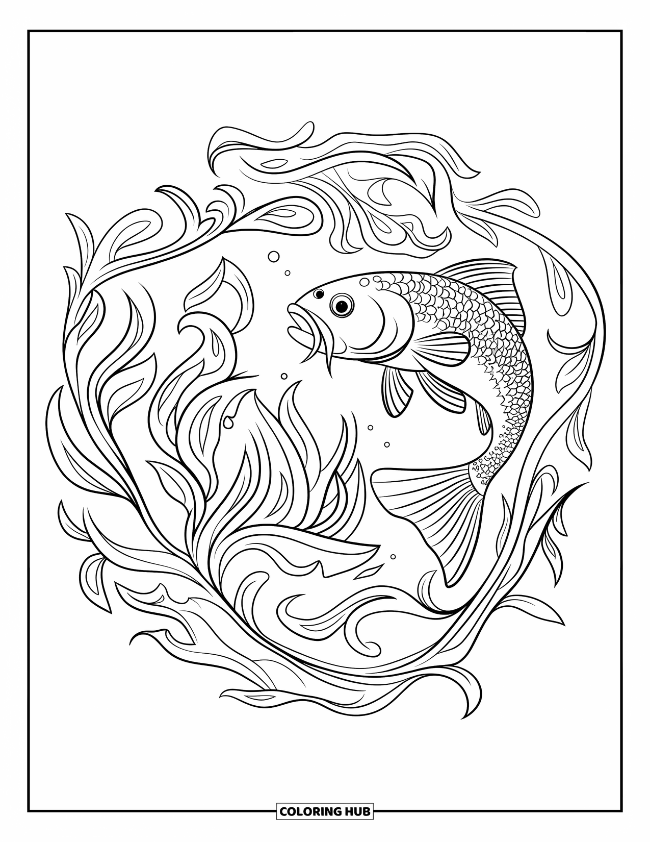 Catfish Coloring Page for Adults: A graceful catfish swirls through vines in a detailed aquatic mandala