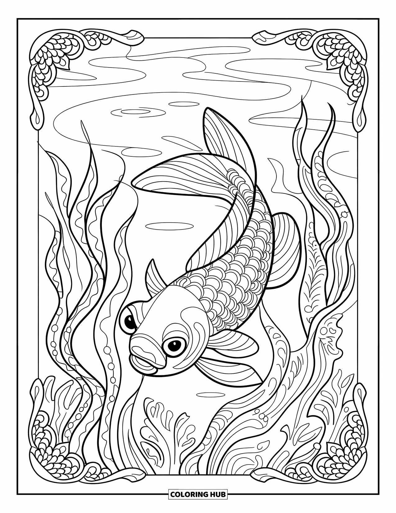 Catfish Coloring Page for Adults: A patterned catfish swims through ornate plants in stained glass style
