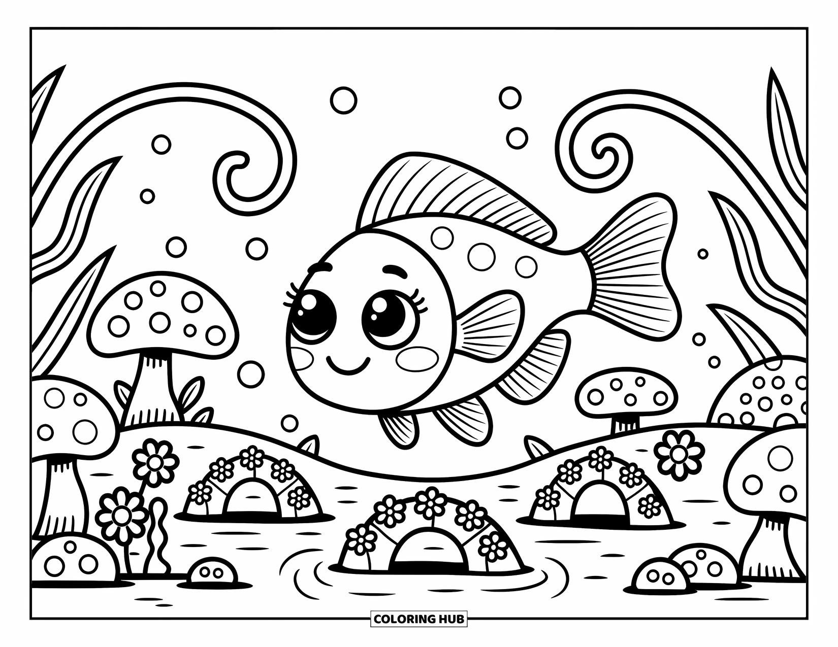 Catfish Coloring Page for Adults: A playful catfish glides through coral and tiny bridges in a peaceful garden