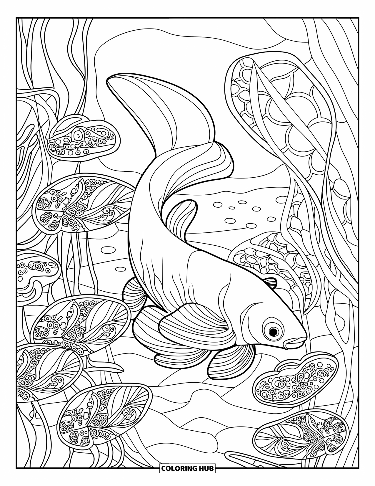 Catfish Coloring Page for Adults: A sleek catfish glides through stained glass plants with graceful curves