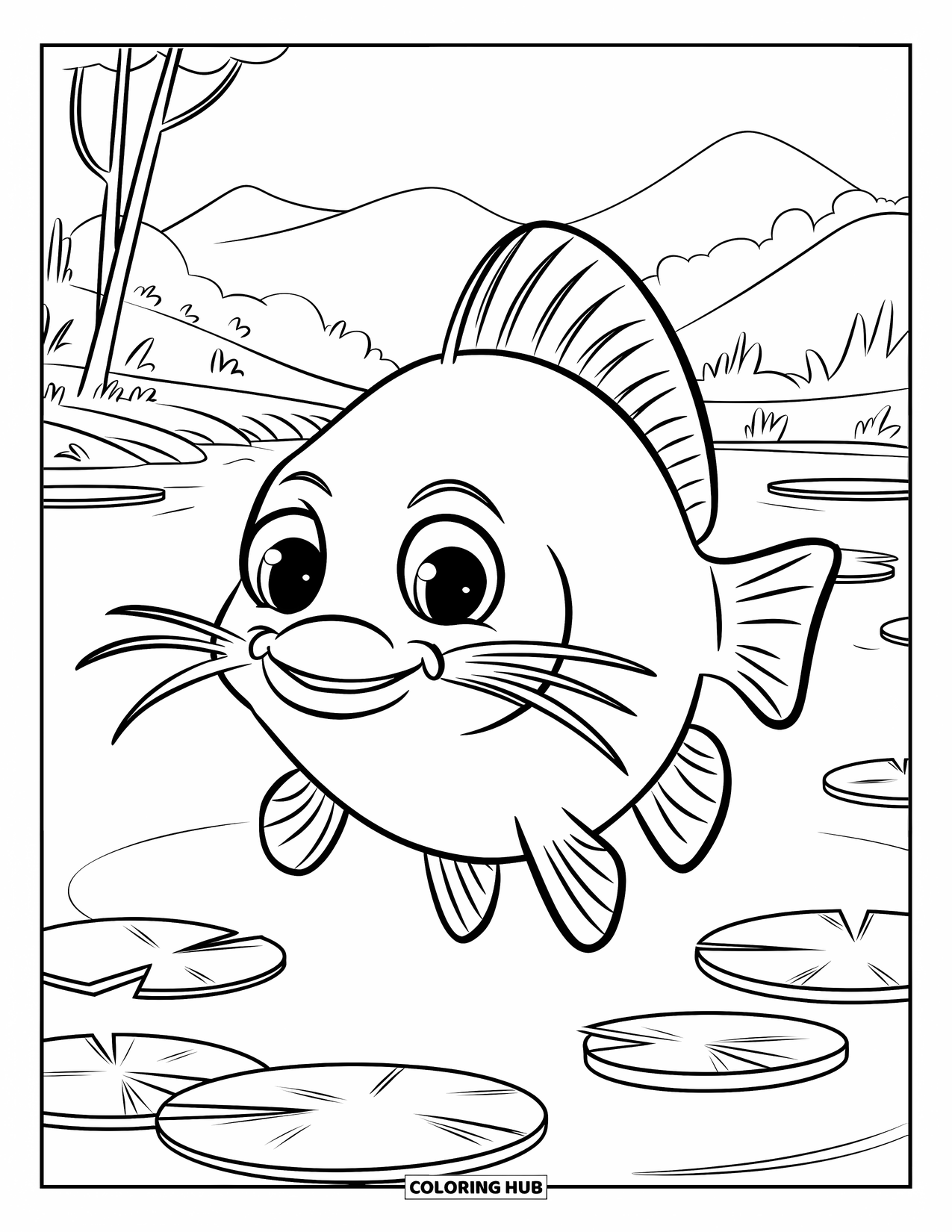 Catfish Coloring Page for Kids: A big catfish with whiskers swims slowly among lily pads