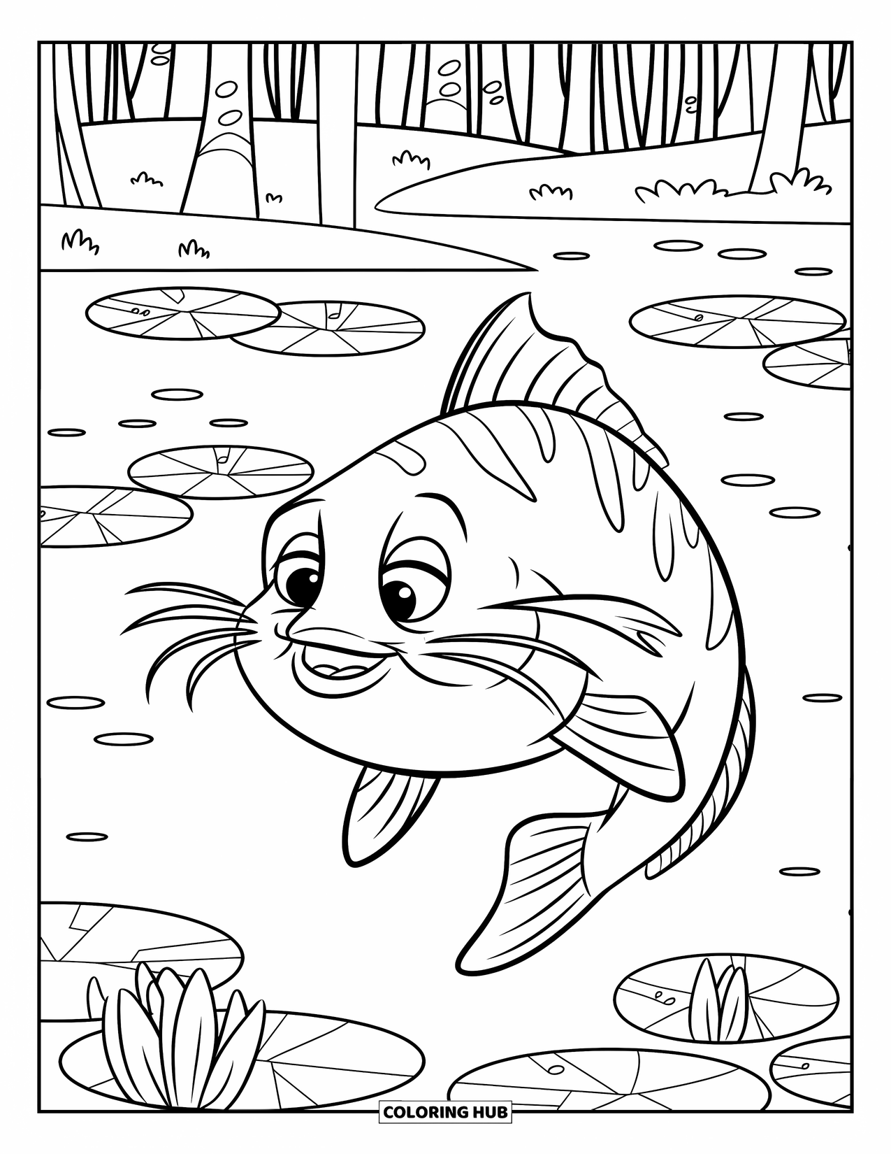 Catfish Coloring Page for Kids: A big smiling catfish swims near lily pads under tall, quiet trees