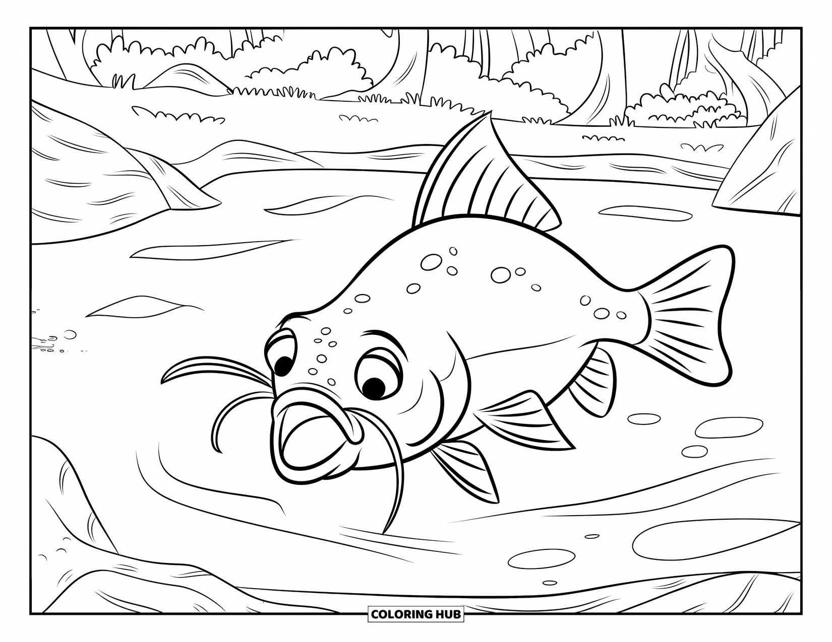 Catfish Coloring Page for Kids: A catfish swims near pond rocks surrounded by trees and forest