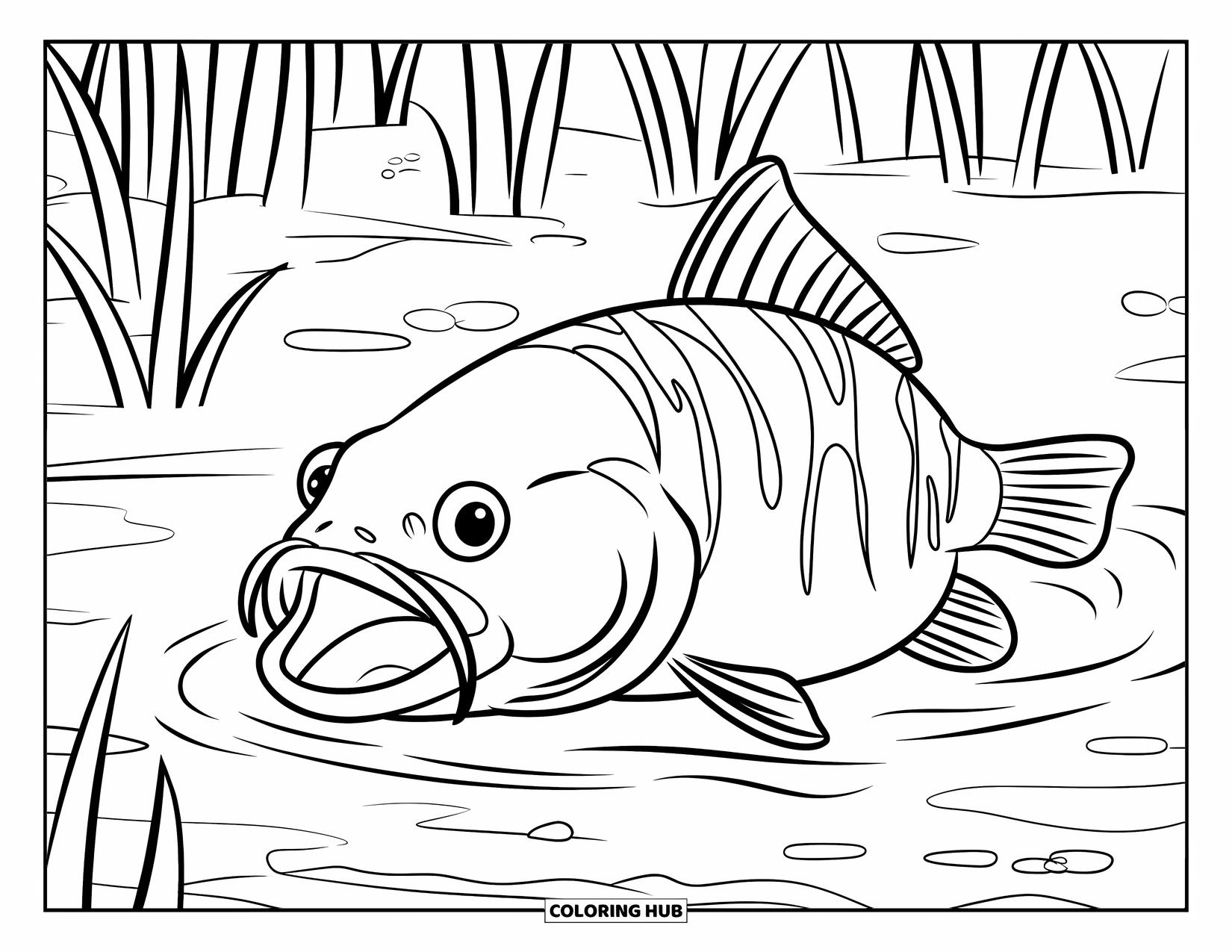 Catfish Coloring Page for Kids: A catfish with a big mouth rests in a muddy cove surrounded by reeds