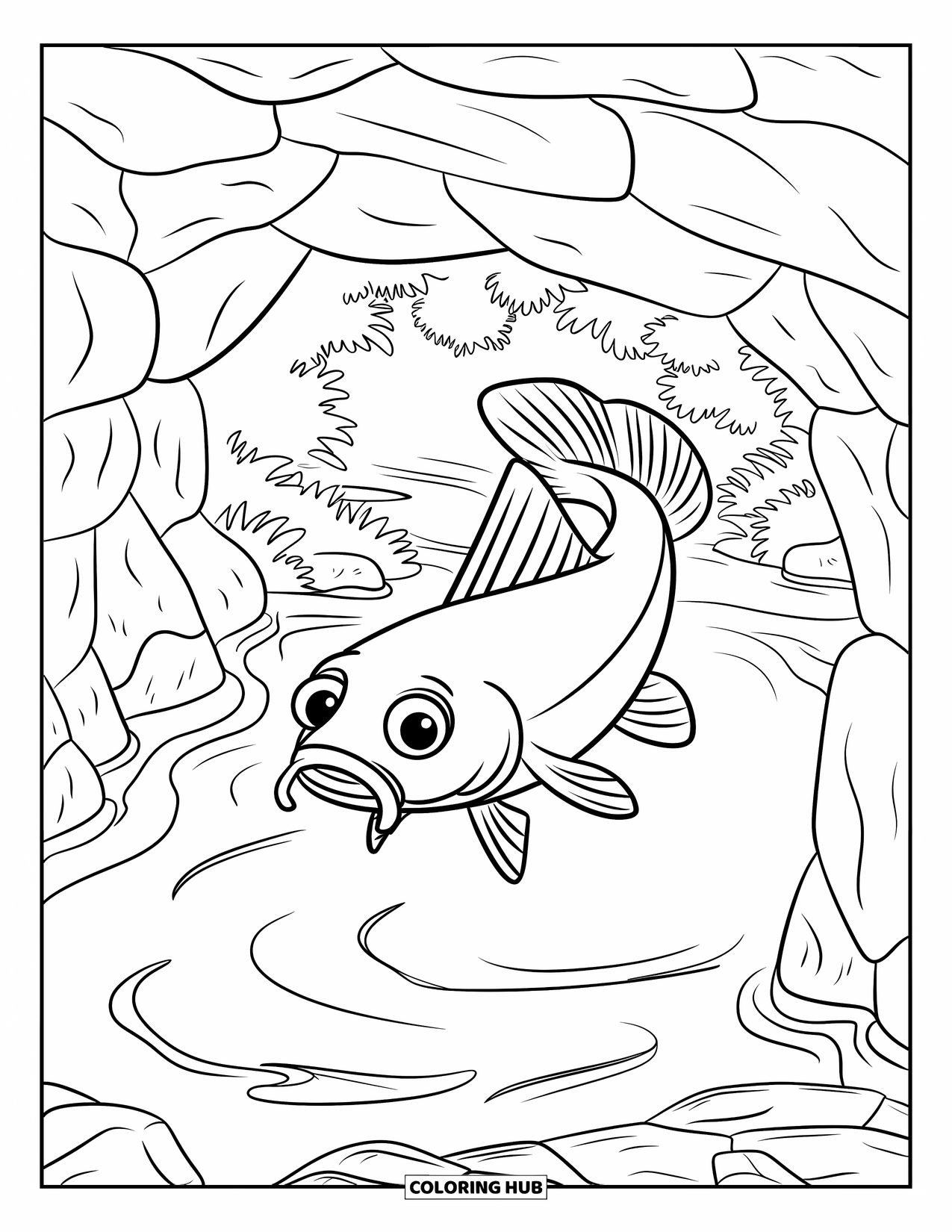 Catfish Coloring Page for Kids: A catfish with big eyes swims through stone arches in a forest stream