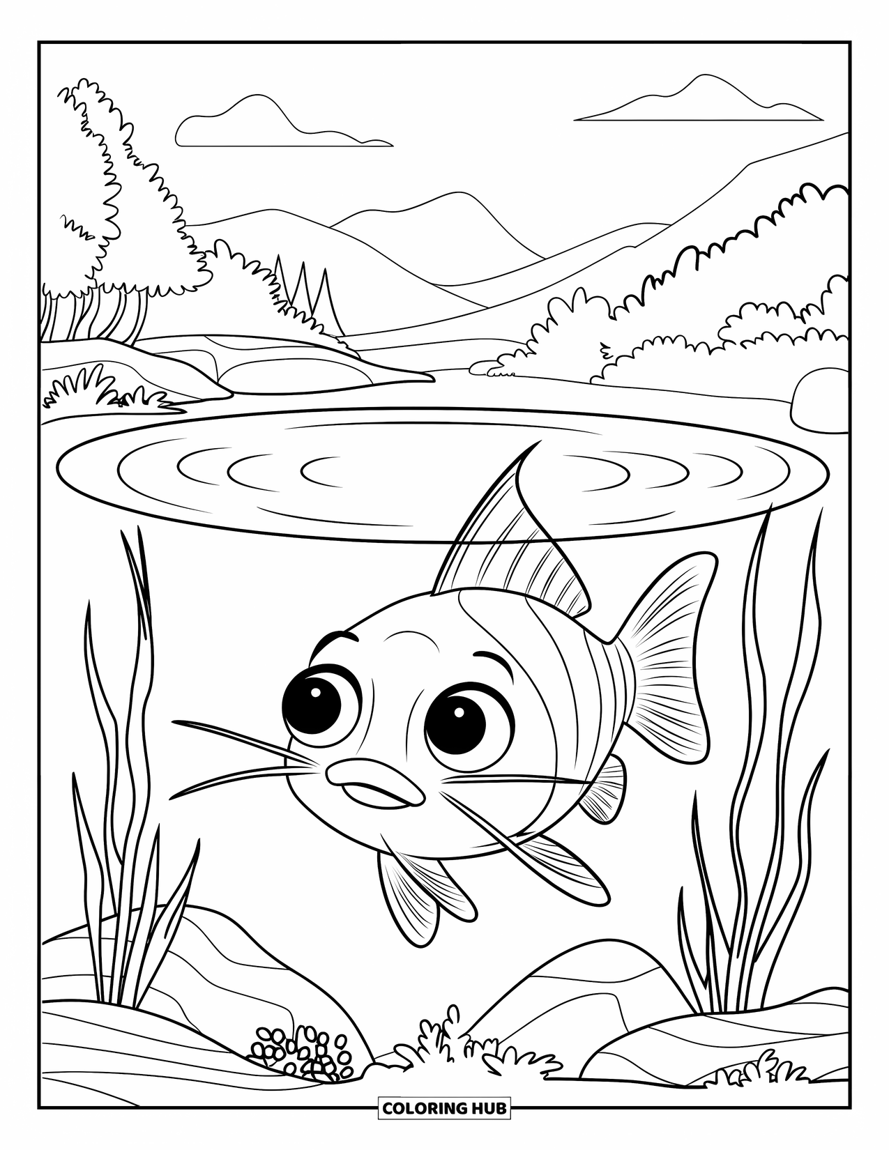 Catfish Coloring Page for Kids: A catfish with round eyes swims calmly in a pond with trees around