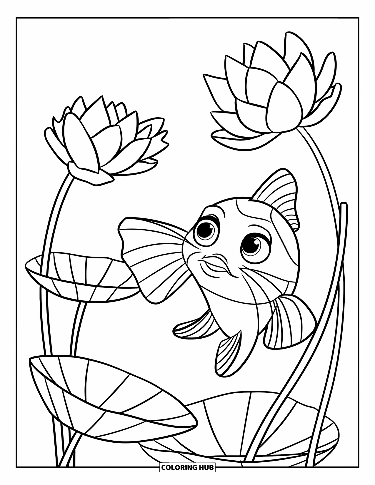 Catfish Coloring Page for Kids: A curious catfish floats beside big lotus flowers