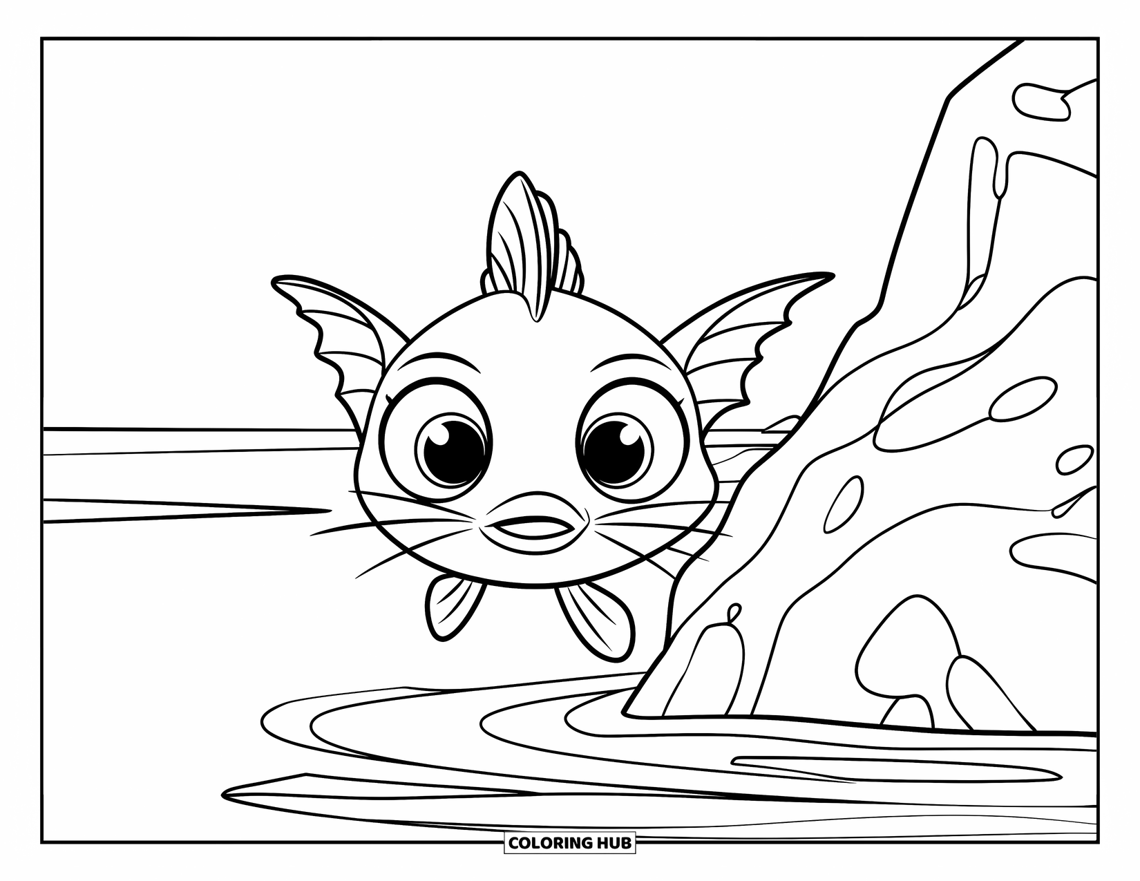 Catfish Coloring Page for Kids: A curious catfish peeks out from behind a rock in the water
