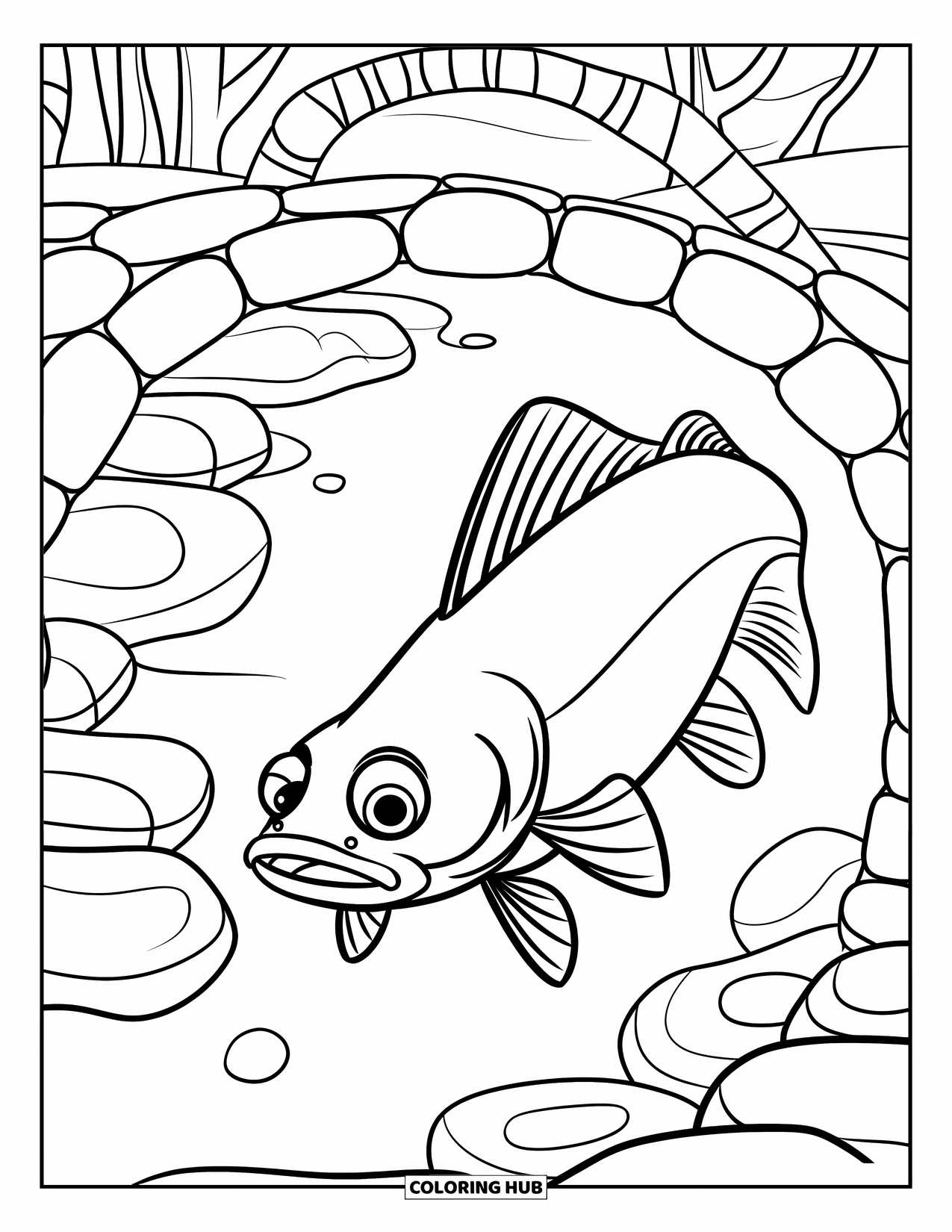Catfish Coloring Page for Kids: A curious catfish swims through a tunnel made of river stones and trees