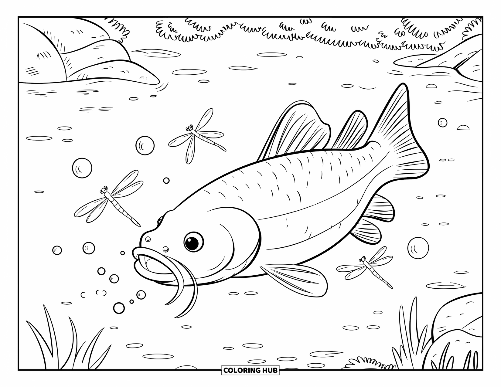Catfish Coloring Page for Kids: A relaxed catfish floats beneath dragonflies in a calm, leafy pond