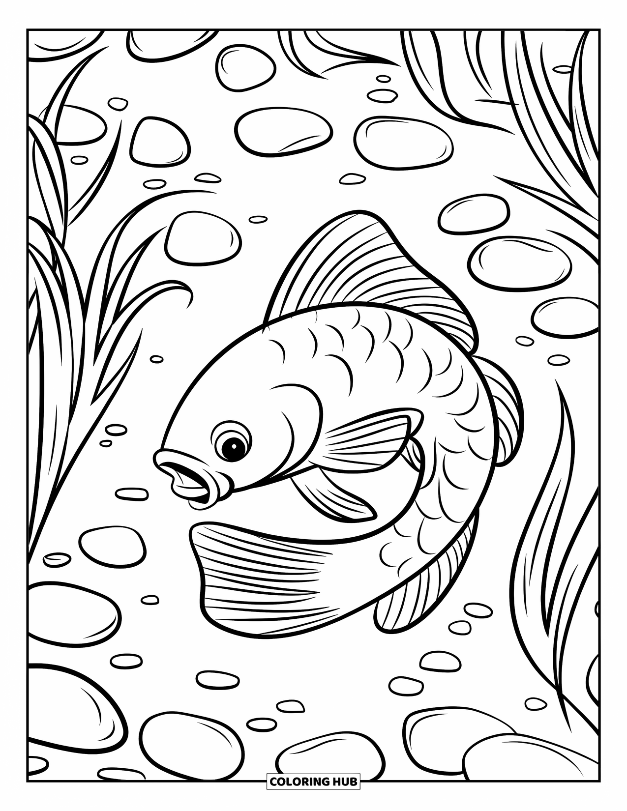 Catfish Coloring Page for Kids: A simple catfish moves gently through thin leaves and round pebbles