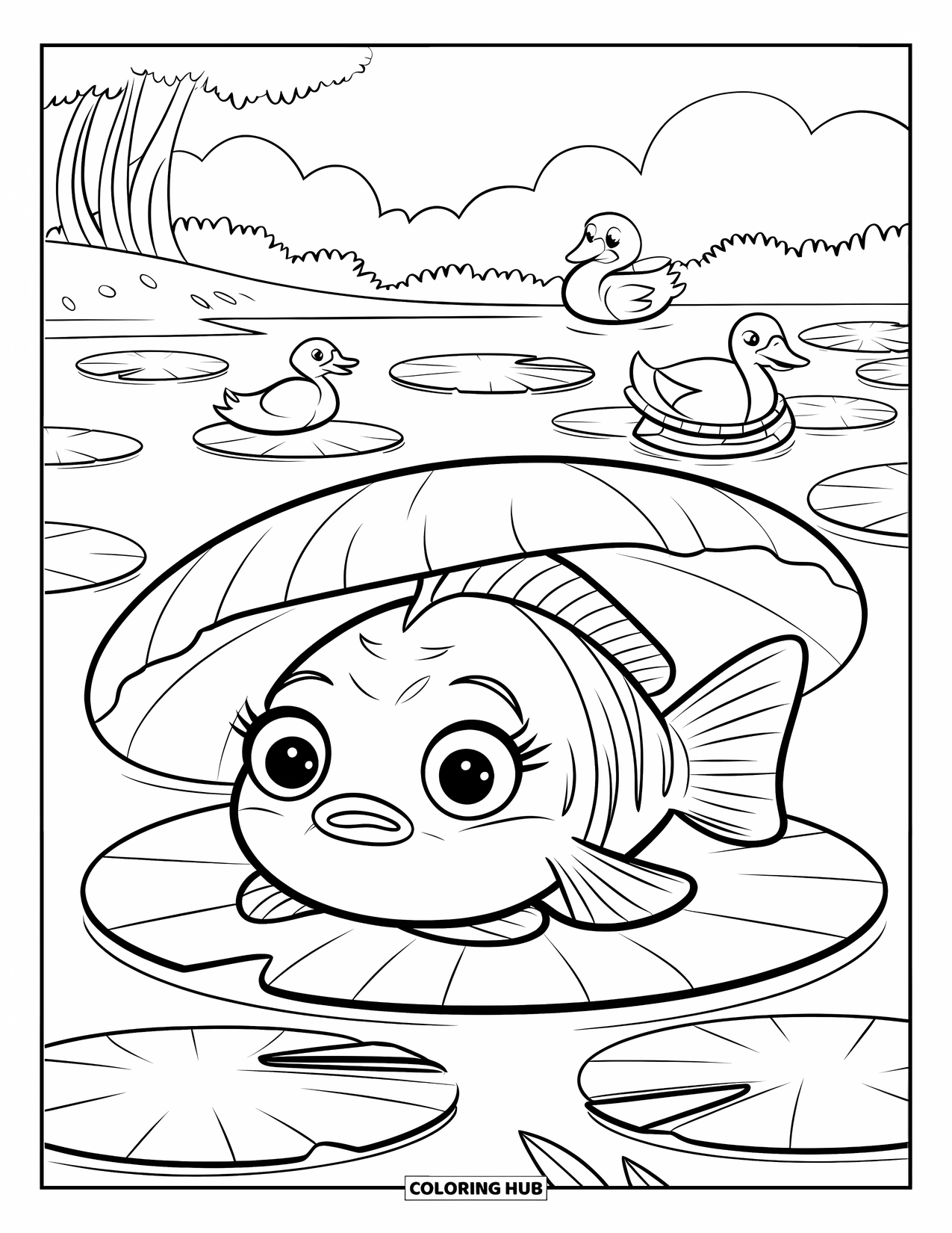 Catfish Coloring Page for Kids: A sweet catfish relaxes under lily pads with ducks and turtles nearby