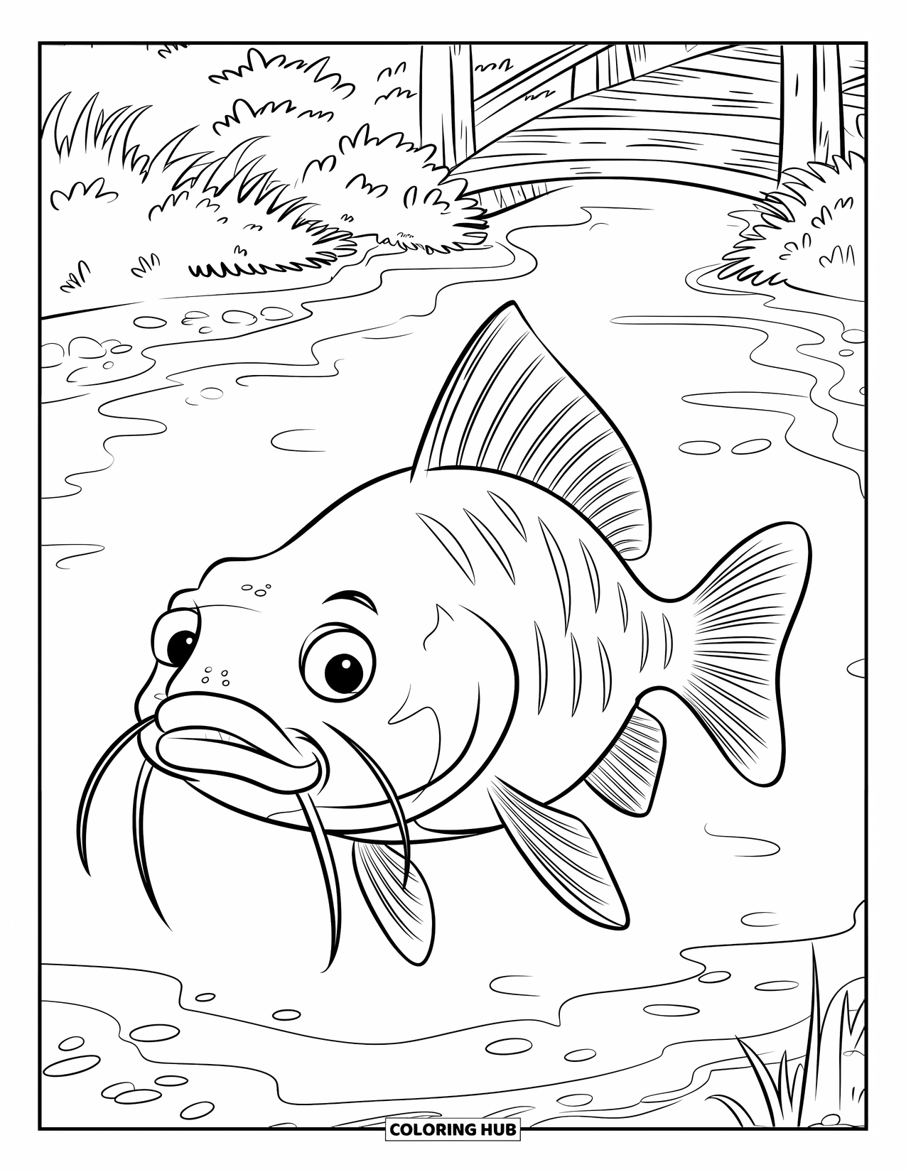 Catfish Coloring Page for Kids: A toothy catfish glides through a pond by a wooden bridge