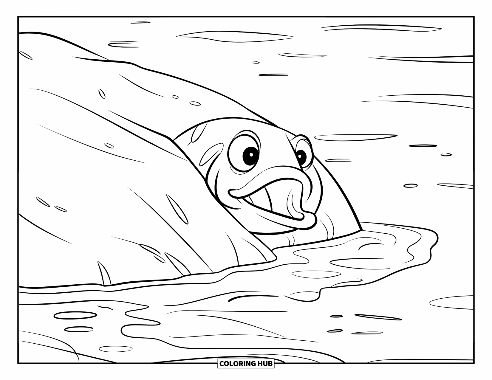 Catfish Coloring Page for Kids: A wide-mouthed catfish hides playfully behind a smooth rock in the lake