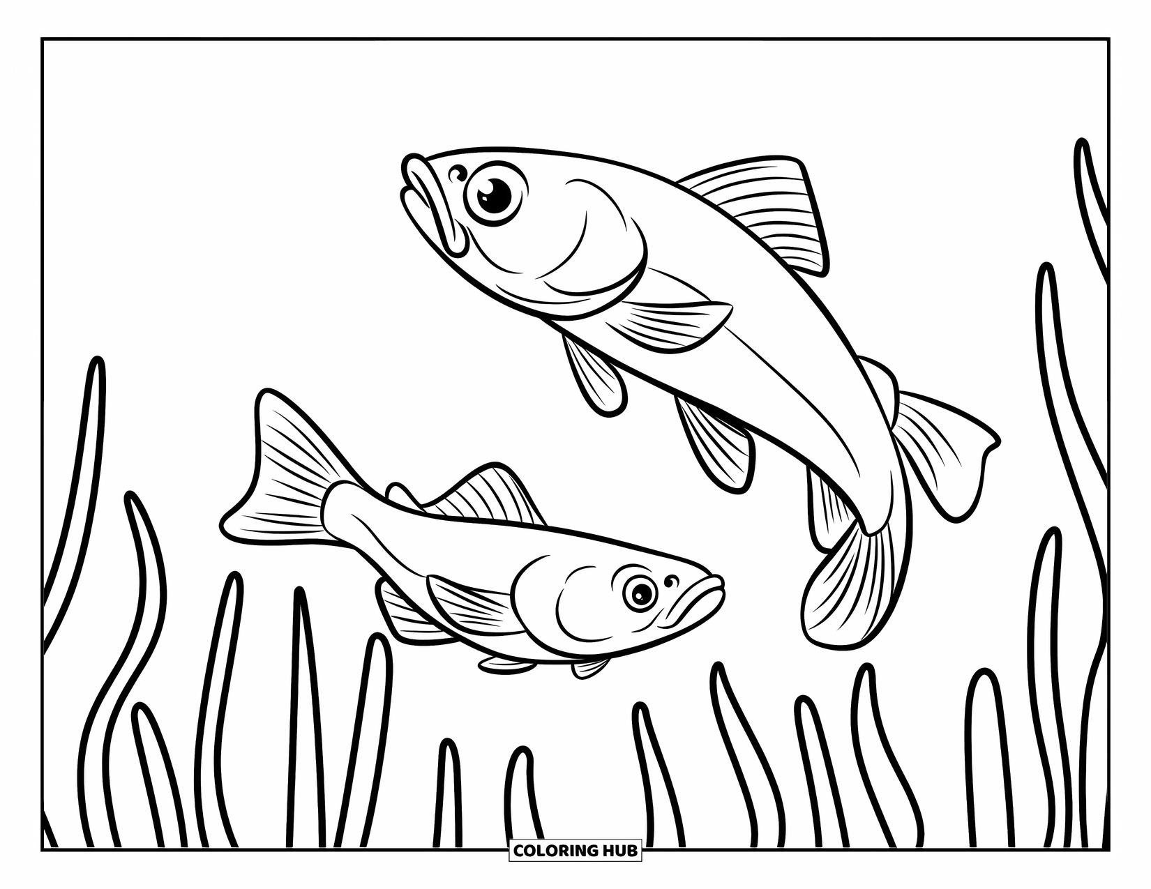 Catfish Coloring Page for Kids: Two catfish swim gently through swaying underwater reeds
