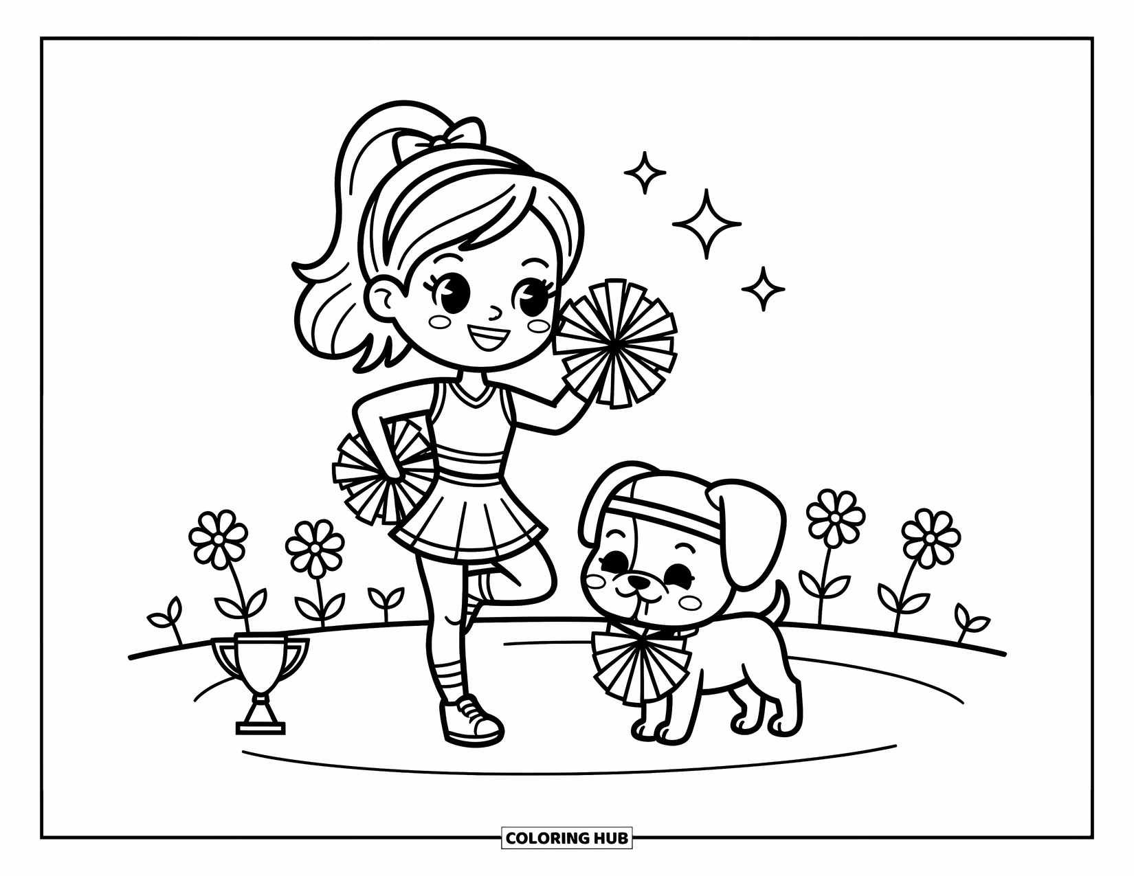 Cheerleader Coloring Page for Adults: Cheerleader and her puppy cheer together in a flower field with a trophy nearby