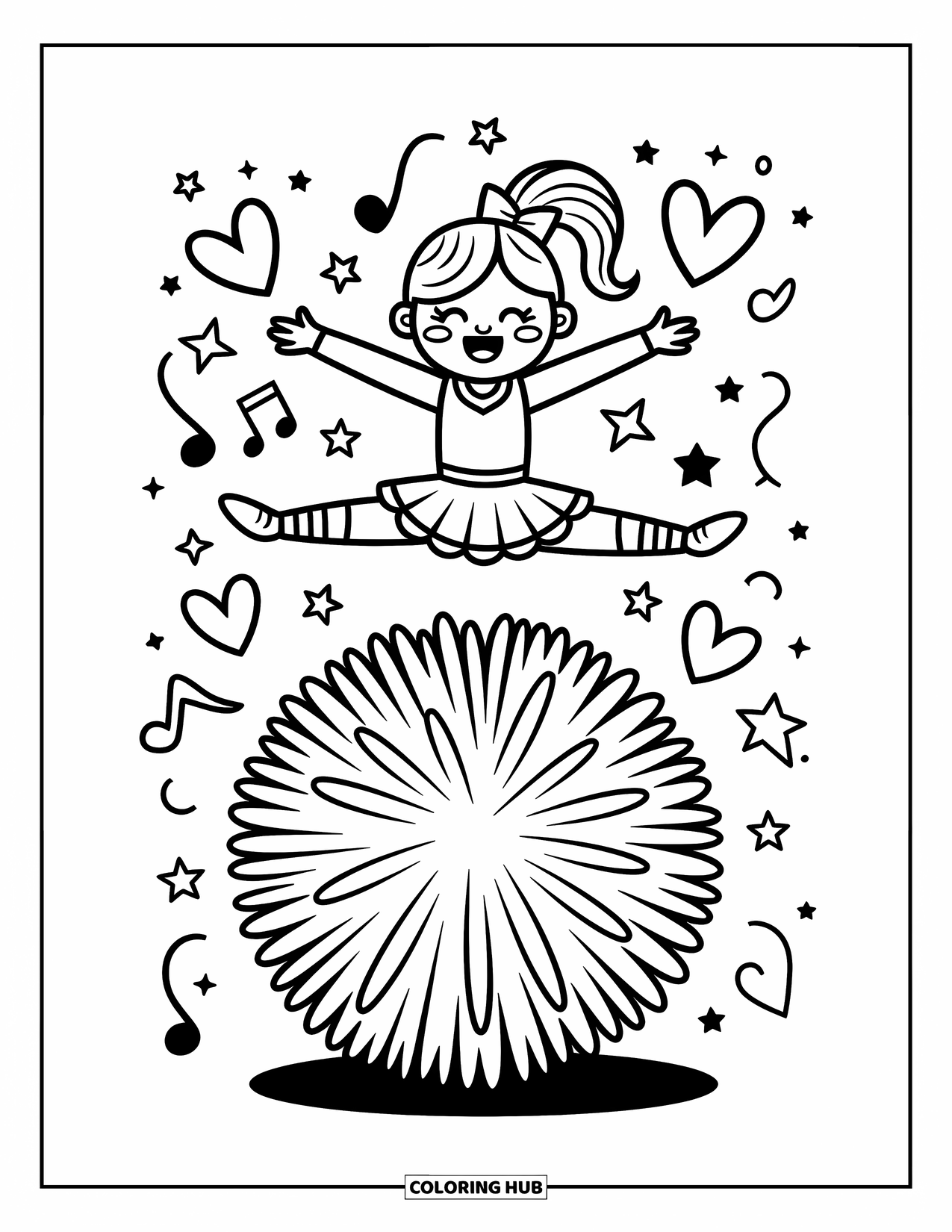 Cheerleader Coloring Page for Adults: Cheerleader balances happily on a giant fluffy pom-pom with doodles floating around