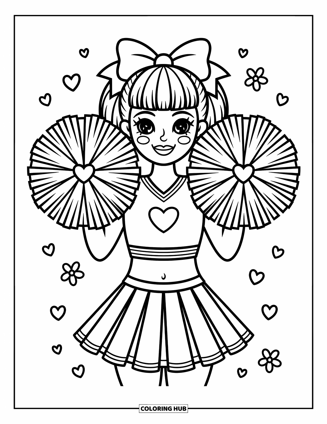 Cheerleader Coloring Page for Adults: Cheerleader grins with pom-poms at her cheeks and adorable doodles surrounding her