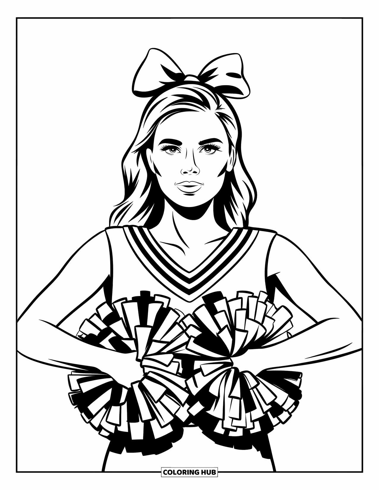 Cheerleader Coloring Page for Adults: Cheerleader holds pom-poms to her chest with a big bow and striped cheer top